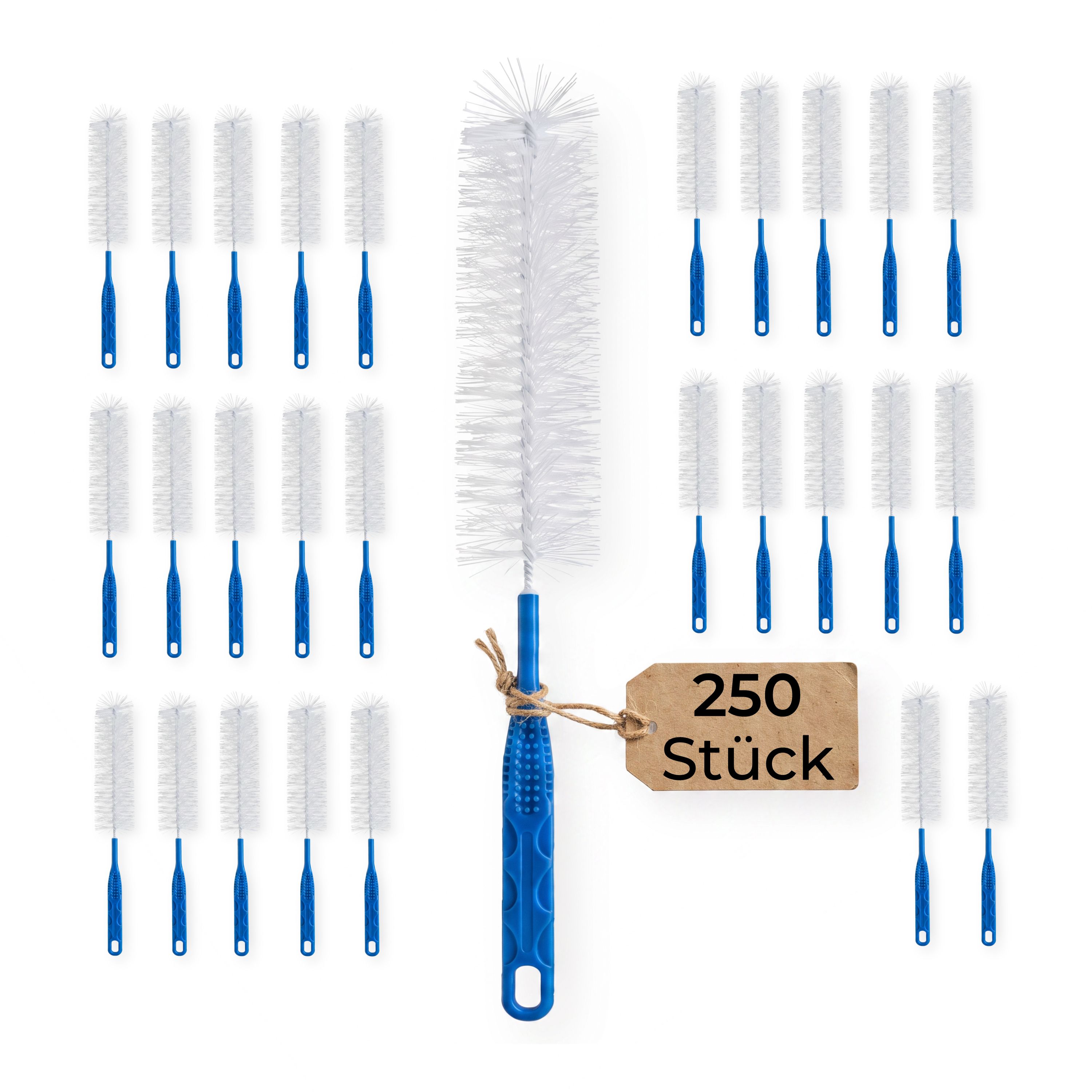 Mehrere kleine und eine große Reinigungsbürste mit blauem Griff und weißen Borsten. Ein Schild zeigt '250 Stück'.