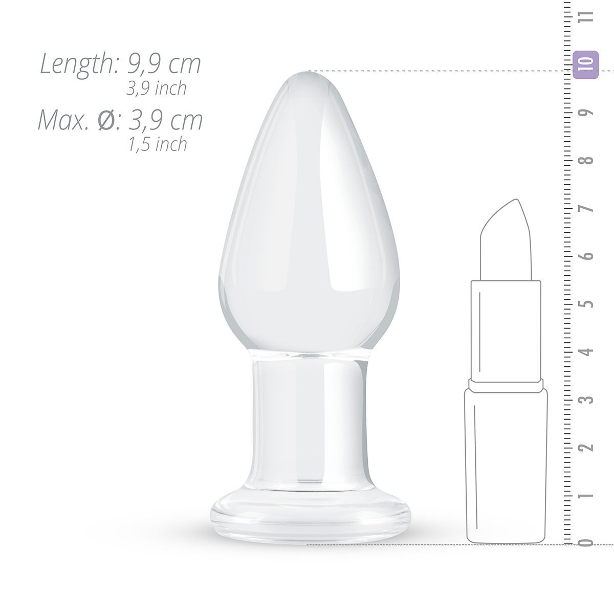 Glas Analplug. Konische Form. Maße: 9,9 cm Länge, Ø 3,9 cm. Neben Lippenstift zur Größenvergleich.