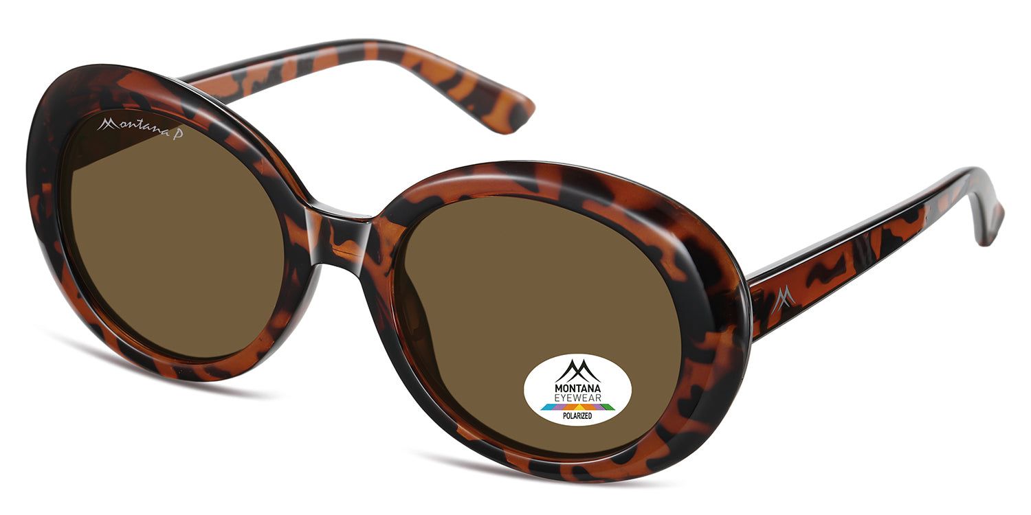 Sonnenbrille mit braunen Gläsern und braunem, gemustertem Rahmen. Montana Eyewear Logo und Polarized-Aufkleber.