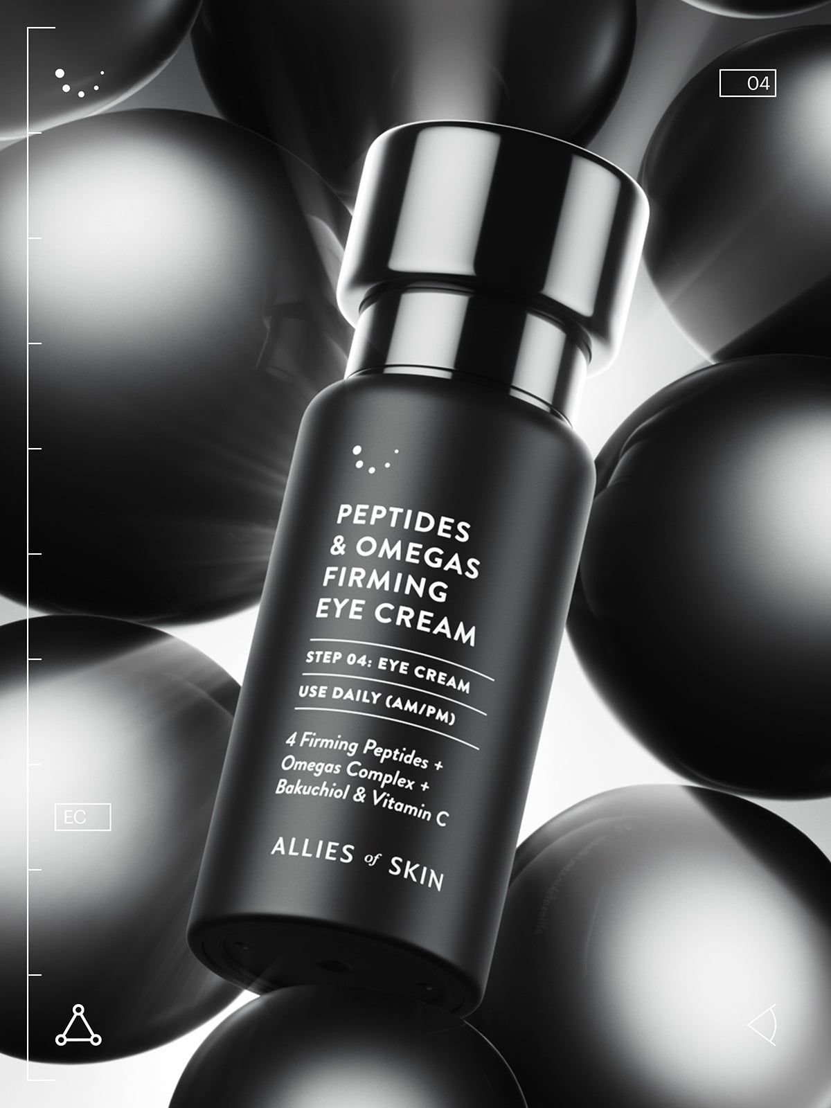 Schwarze Flasche 'Peptides & Omegas Firming Eye Cream' vor schwarzem Hintergrund. Text sichtbar.