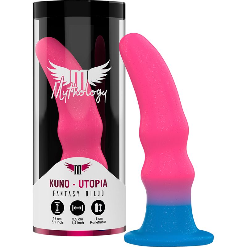 Wellness-Produkt in Verpackung. Rosa und blau. Marke Mythology. Produktname: Kuno Utopia.