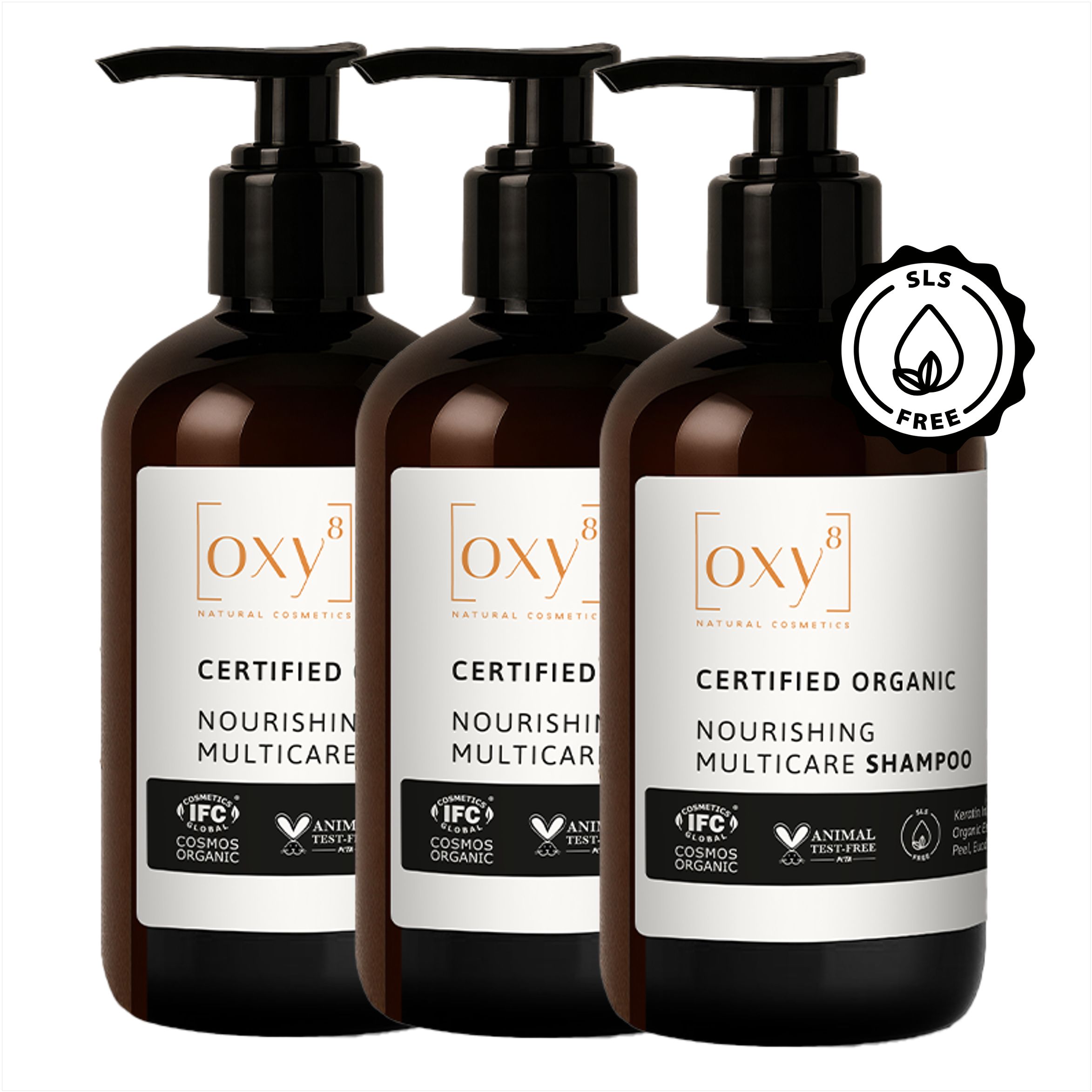 Drei Flaschen Shampoo mit schwarzen Pumpen. Auf jeder Flasche steht "oxy8" und "Nourishing Multicare Shampoo".