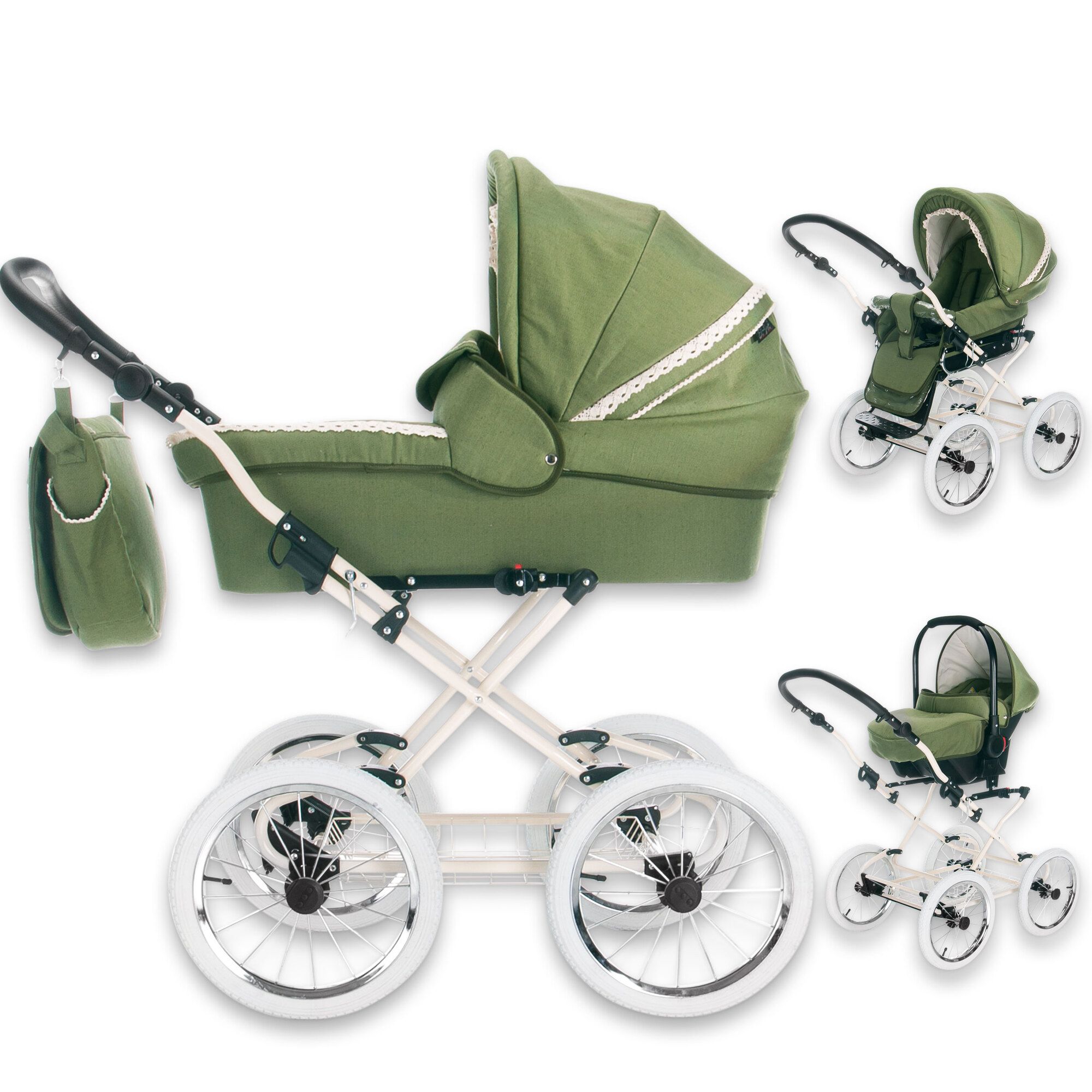 Friedrich Hugo Natureline 3 in 1 Kinderwagen Set Öko Nostalgie Kinderwagen, Elisabeth Forrest Creme