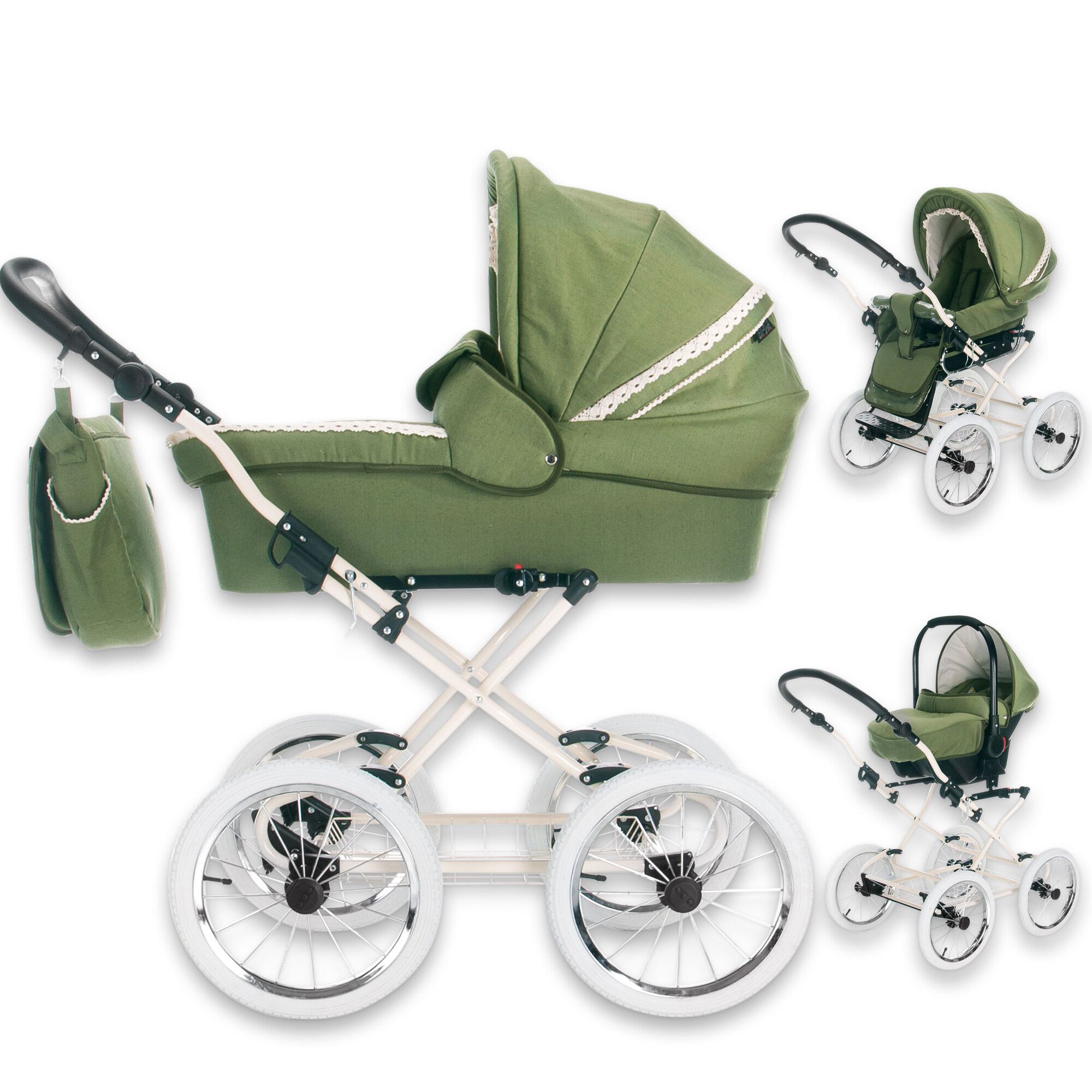 Friedrich Hugo Natureline Uni 3 in 1 Kinderwagen Komplettset, Elisabeth Forrest Creme