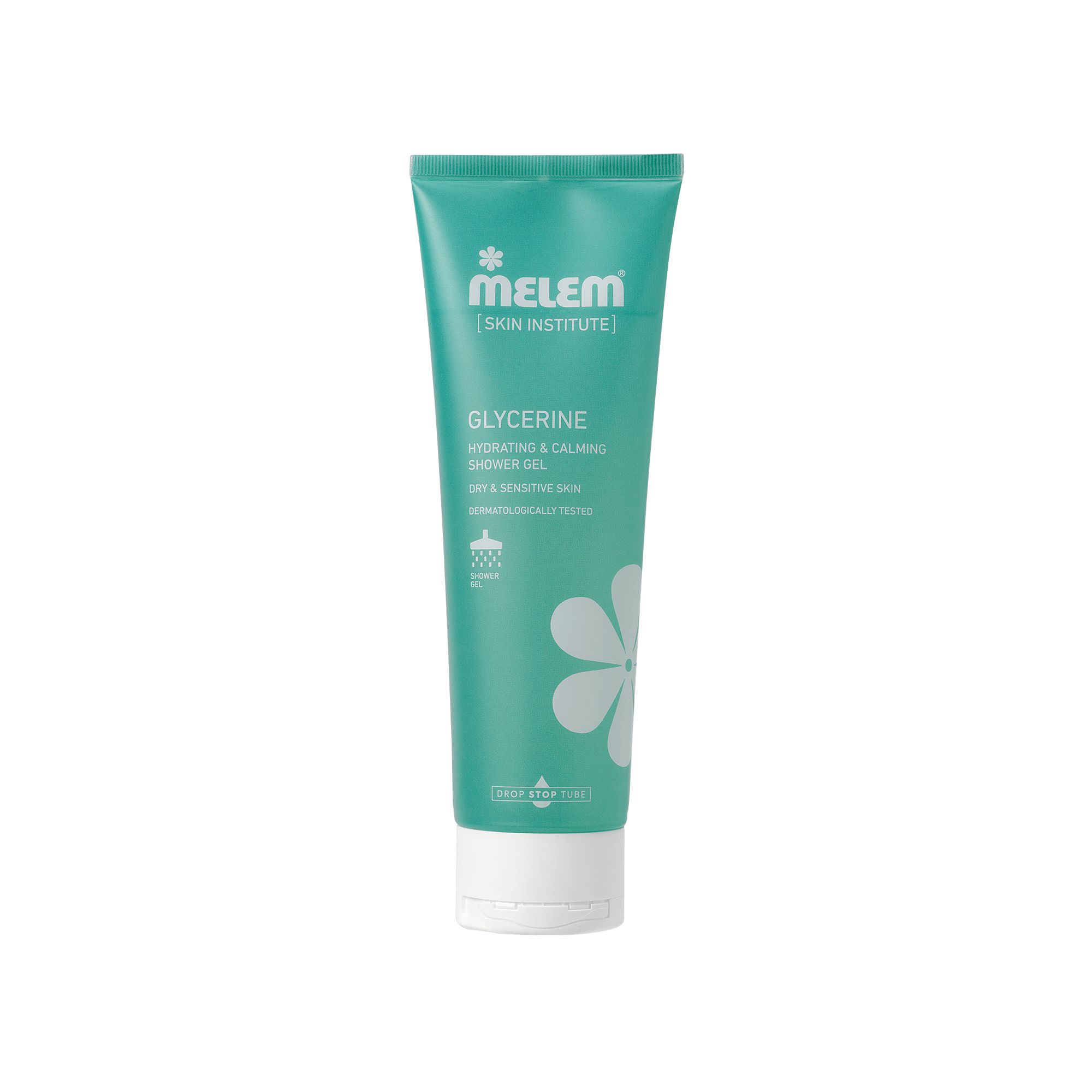 Türkisgrüne Tube mit weißem Deckel. Aufschrift: Glycerin, Hydrating & Calming Shower Gel. Für trockene, empfindliche Haut.