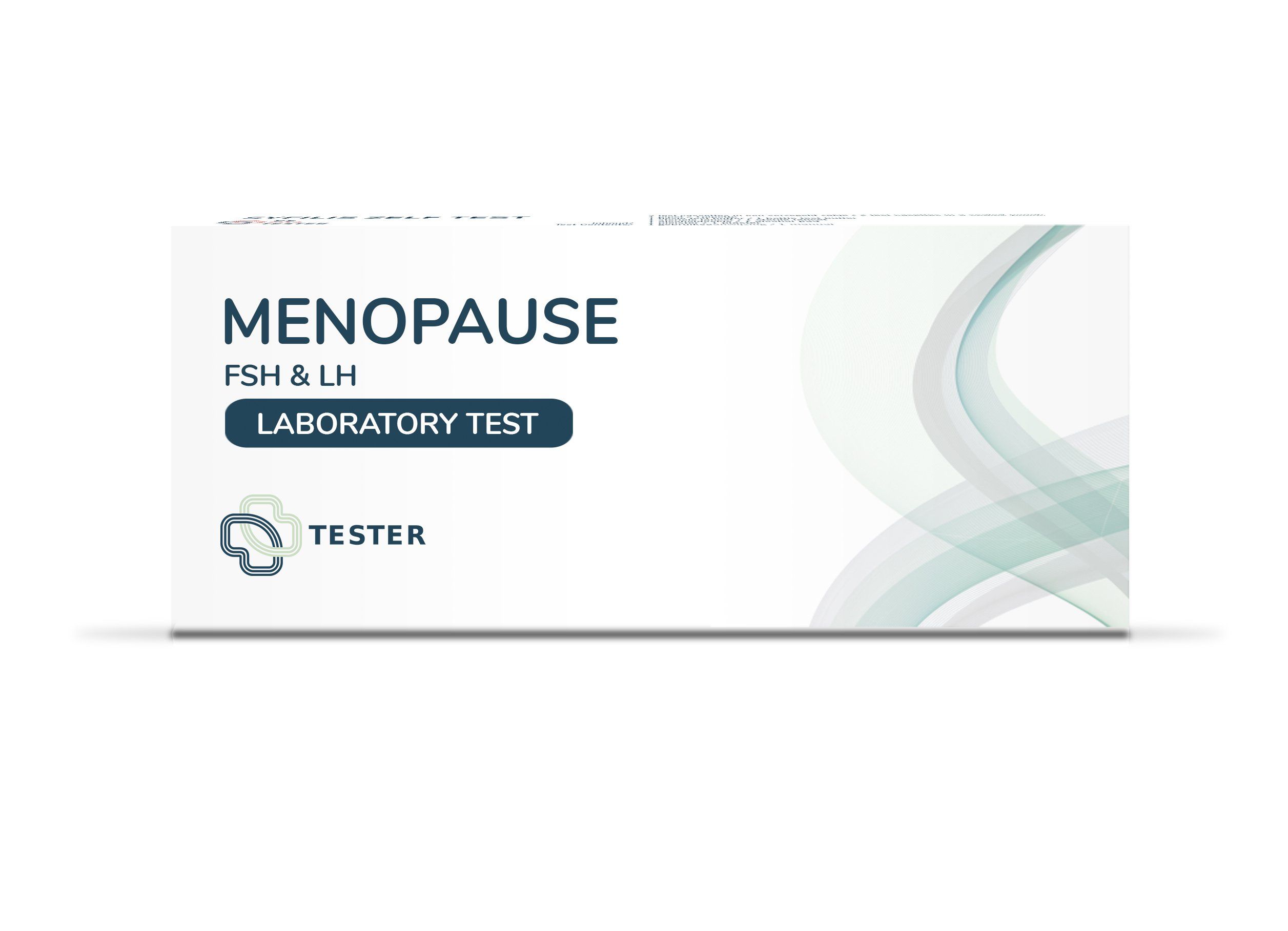 Weißer Karton mit Aufschrift MENOPAUSE FSH & LH LABORATORY TEST. Logo und Schriftzug TESTER.