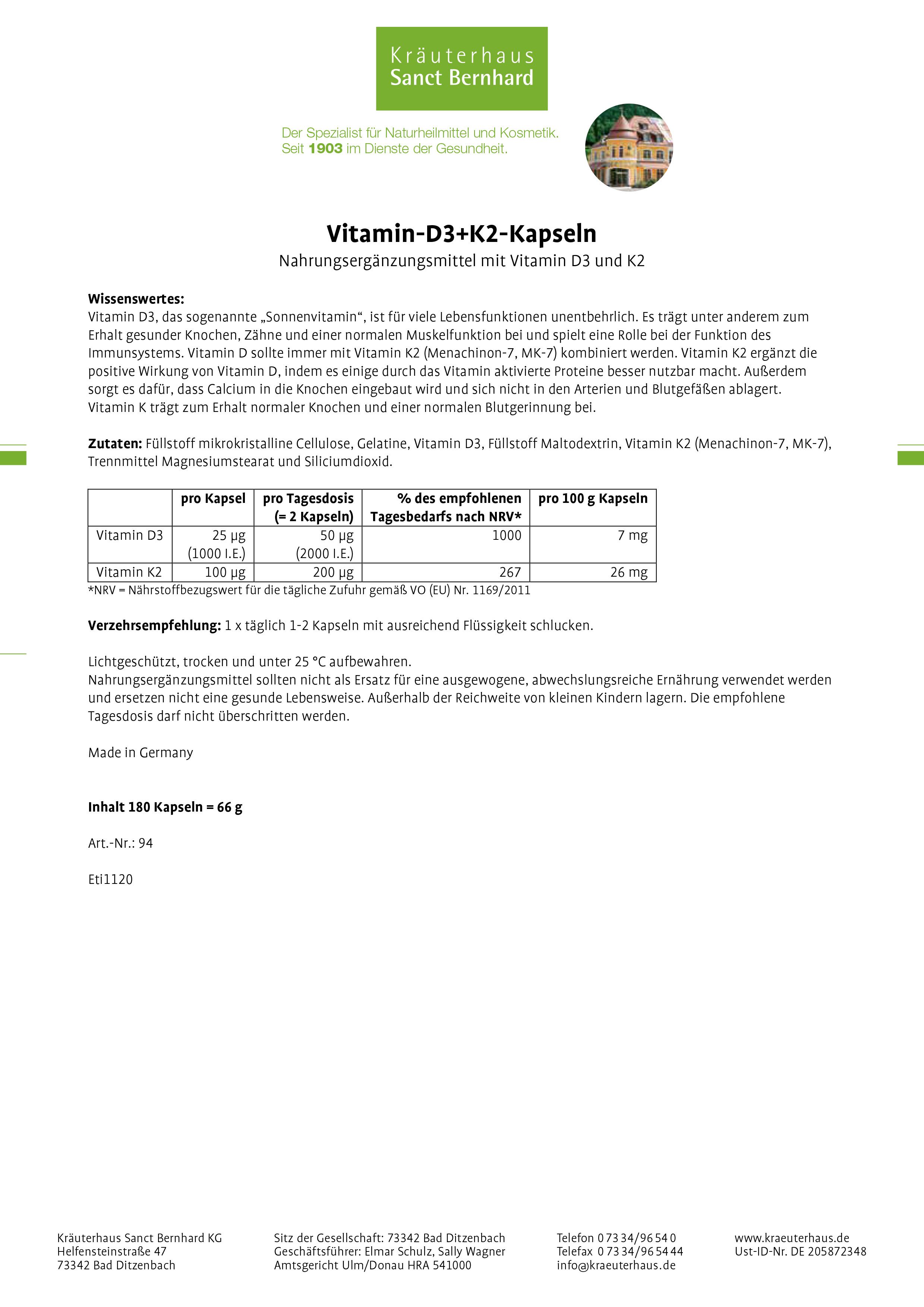 Sanct Bernhard Vitamin-D3+K2-Kapseln