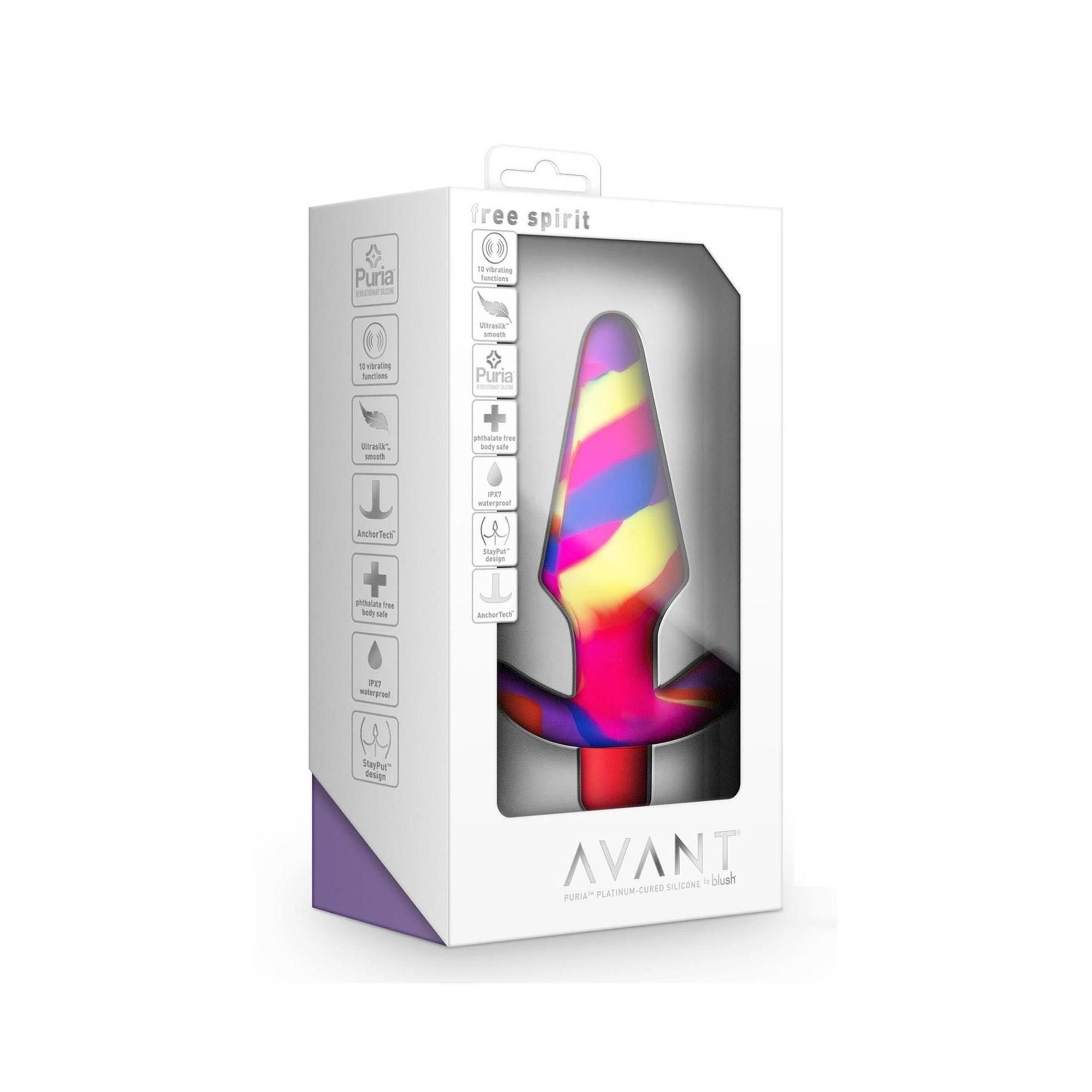 Verpackung mit Analplug. Produkt in Sichtfenster. Farbverlauf von Lila, Gelb, Orange und Pink. Marke: AVANT. Text: Free Spirit.