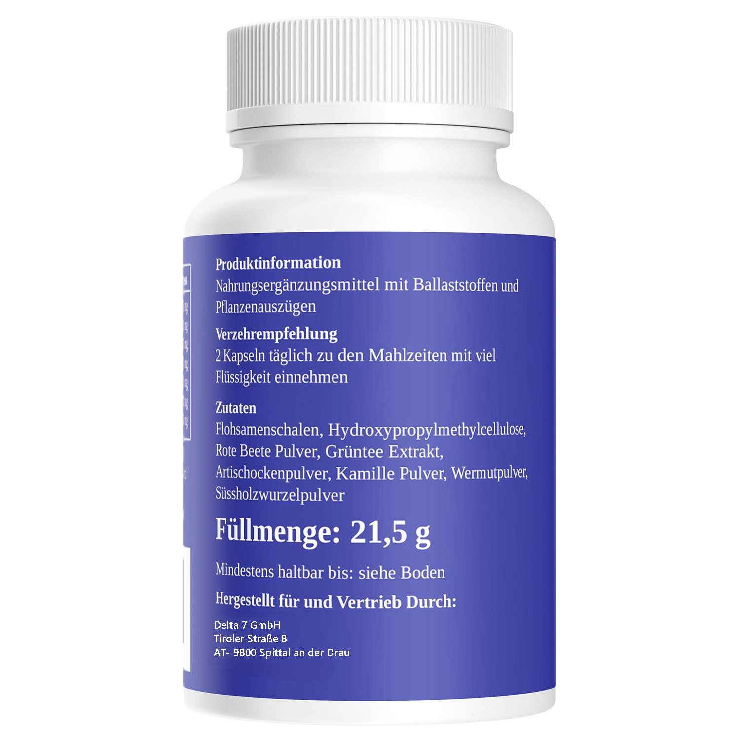 Rückseite der weißen Flasche mit blauem Etikett. Text: Produktinformationen, Verzehrempfehlung, Zutaten, Füllmenge 21,5 g.