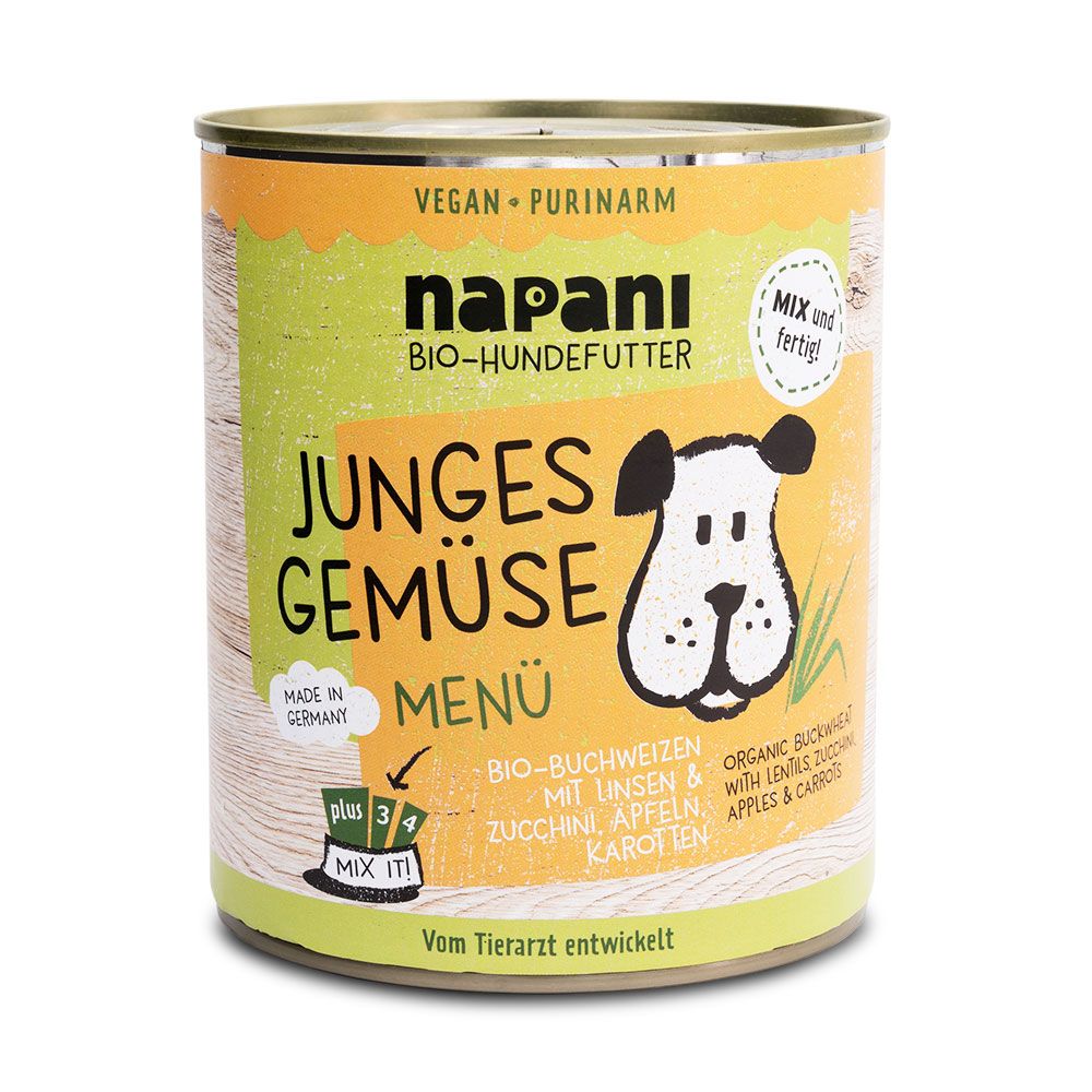 Hundefutterdose mit "napani"-Logo. "Junges Gemüse"-Menü, vegan, purinarm. Illustration eines Hundes. Text: "Bio-Hundefutter".