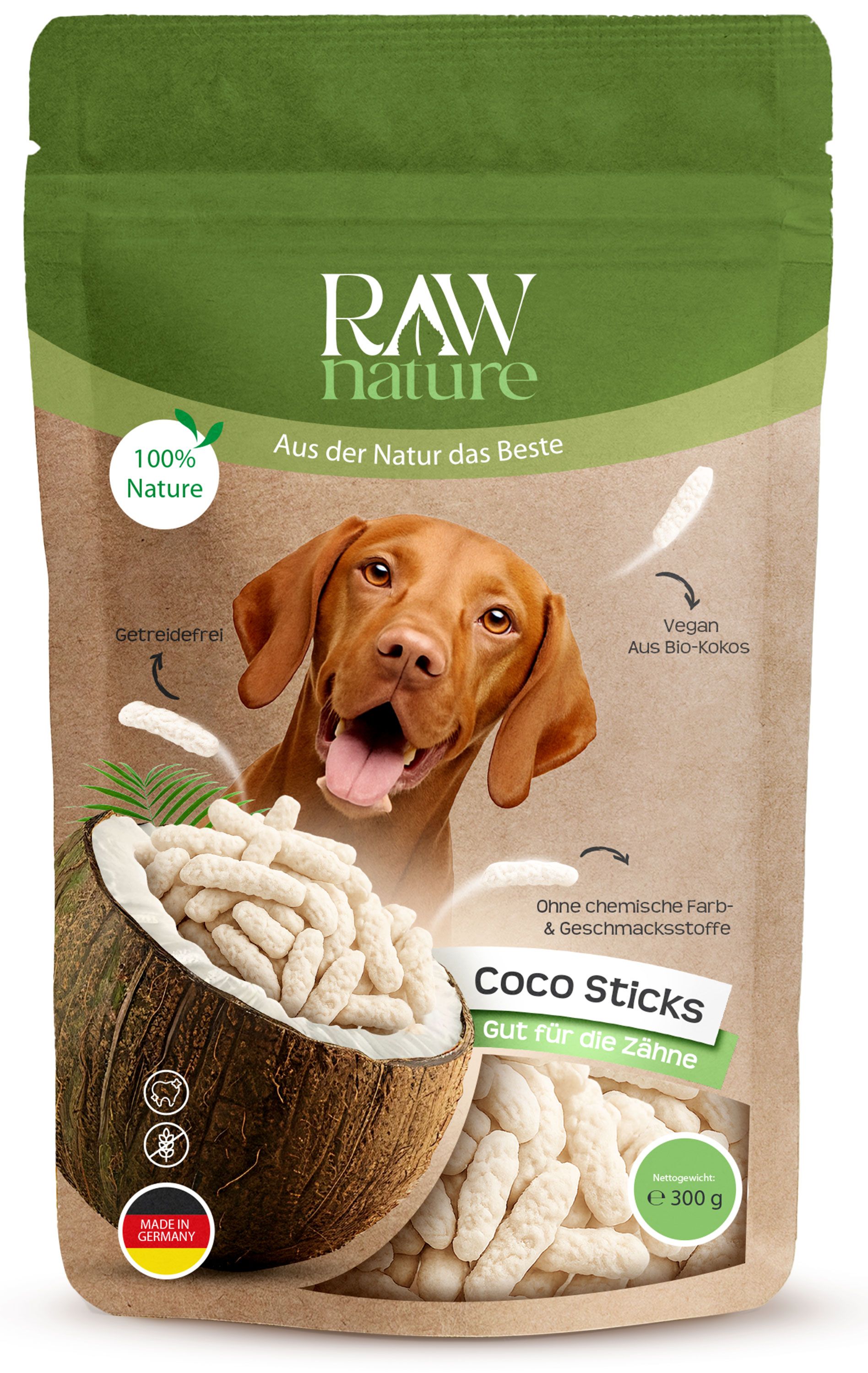 Verpackung mit Kokos-Sticks für Hunde. Marke RAW Nature. Abbildung eines Hundes und Kokosnuss.