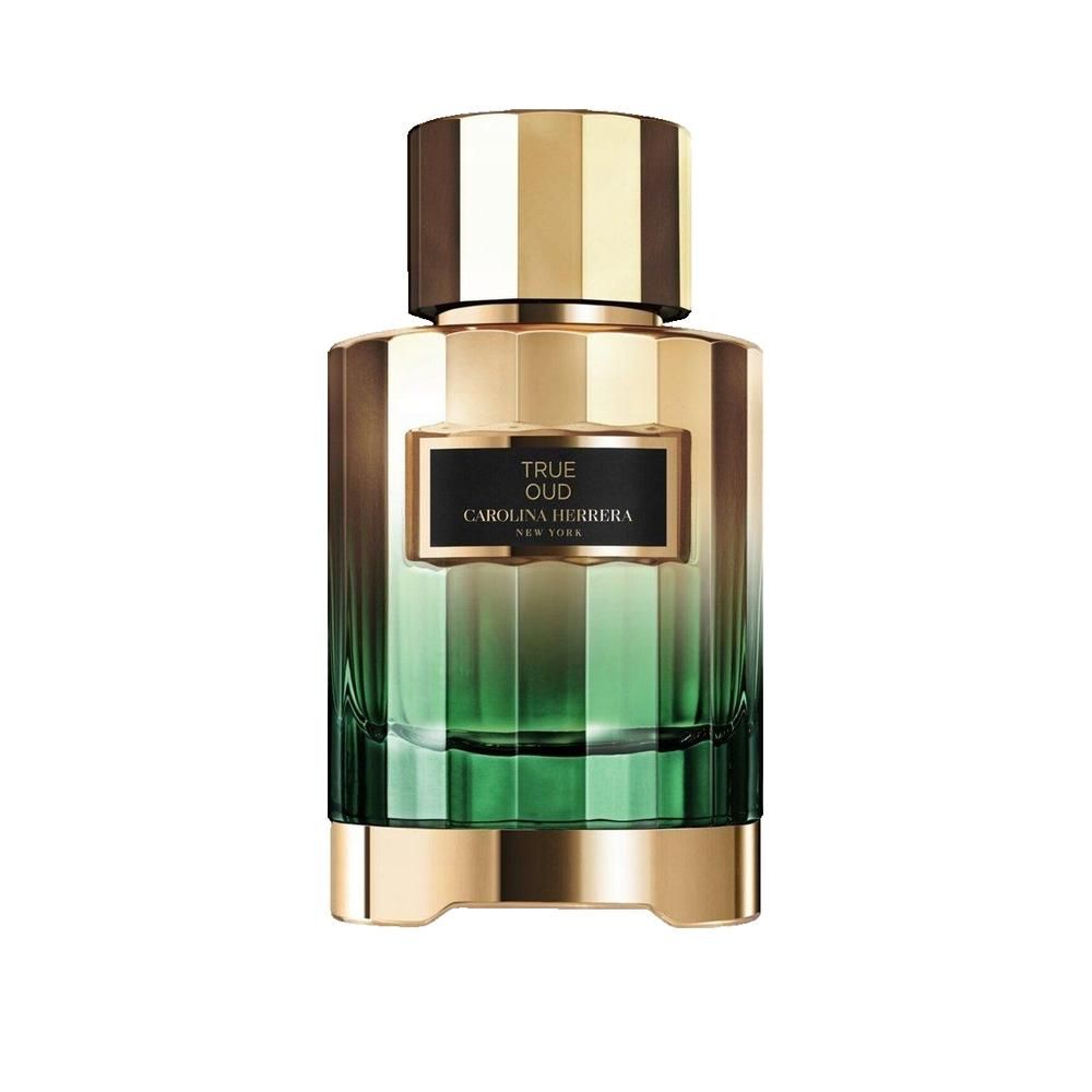 Parfümflakon mit goldfarbenem Deckel und Basis. Aufschrift: True Oud, Carolina Herrera New York. Grün-braune Farbverläufe.