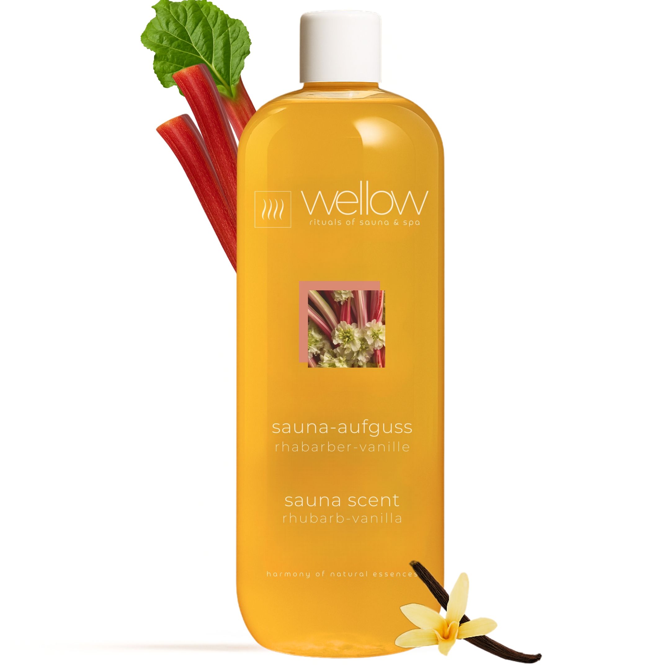 Gelbe Flasche mit weißem Deckel. Aufschrift: Wellow, Sauna-Aufguss Rhabarber-Vanille, Sauna Scent Rhabarber-Vanille. Dekoriert mit Rhabarber und Vanille.