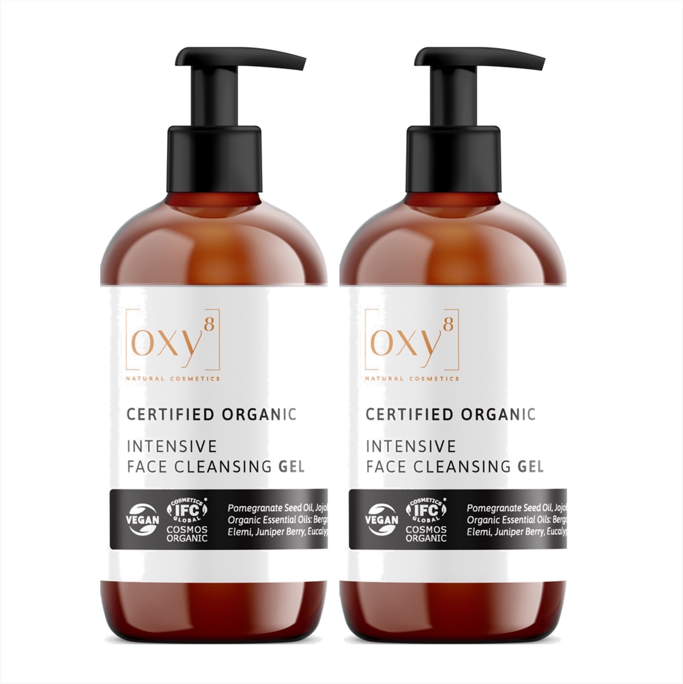 Deux flacons de gel nettoyant avec pompe noire. Inscription : oxy8, INTENSIVE FACE CLEANSING GEL, COSMOS ORGANIC.