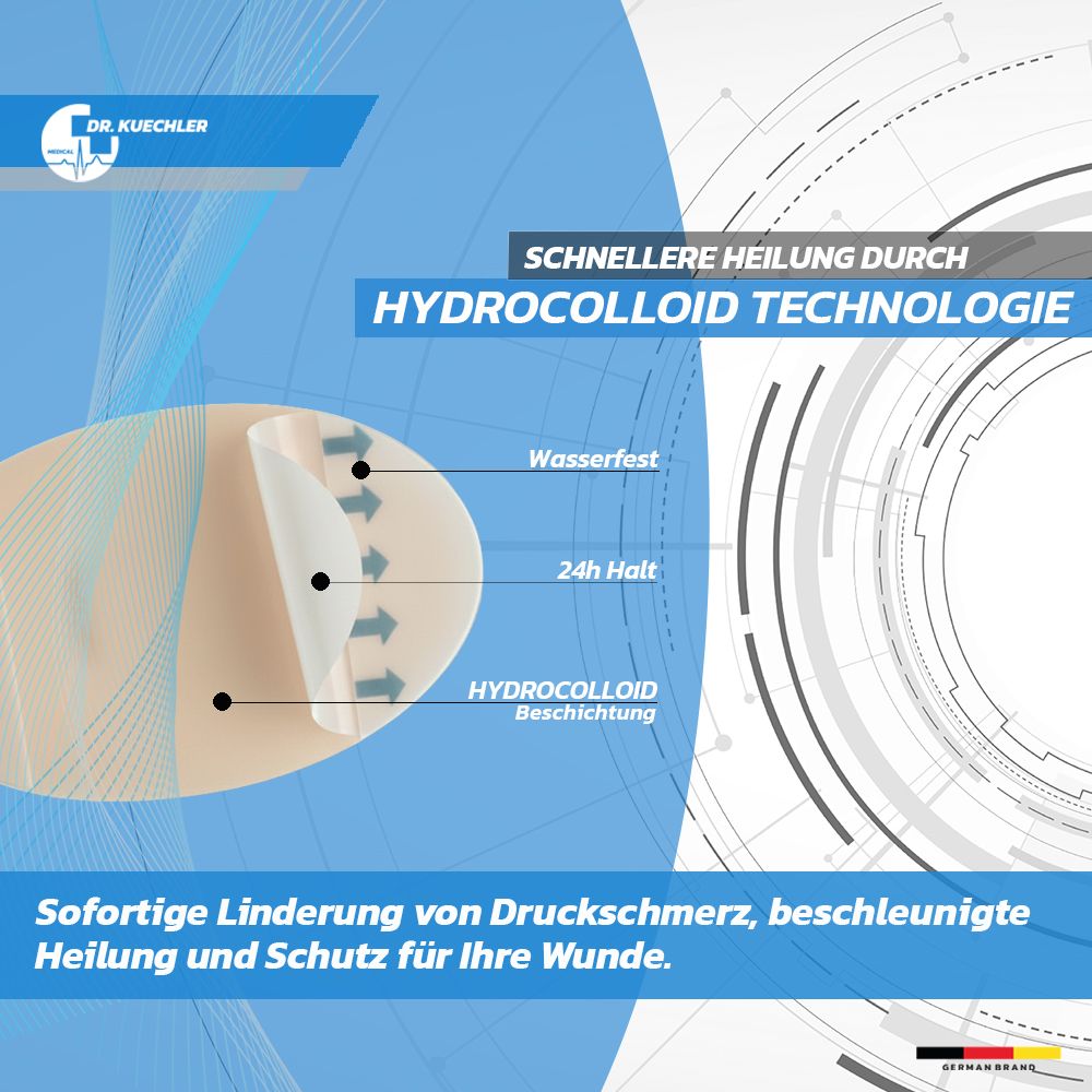 Detailansicht eines Blasenpflasters mit Hydrocolloid-Beschichtung. Wasserfest, 24h Halt.