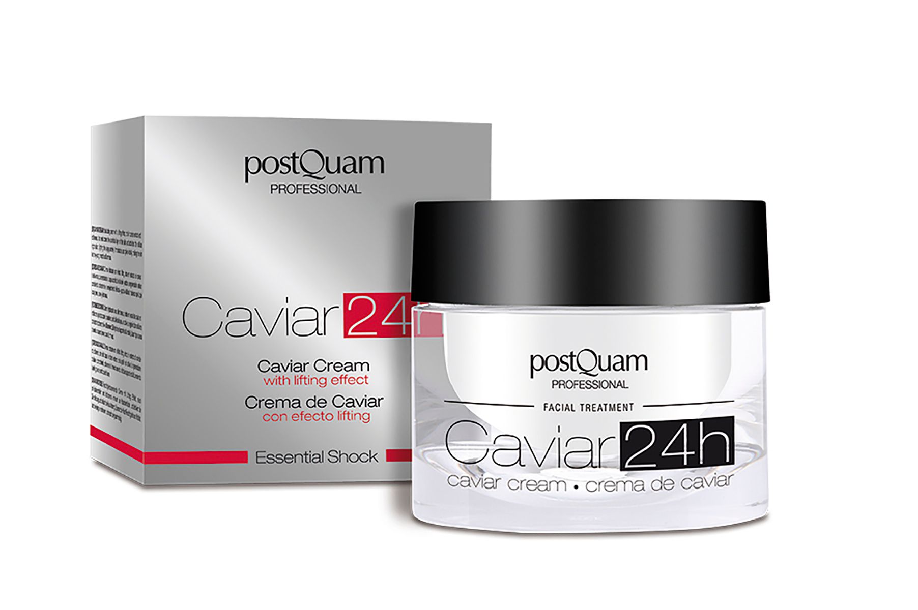 Cremetiegel mit schwarzem Deckel und Verpackung. Aufschrift: Caviar 24h, Caviar Cream, Postquam Professional.