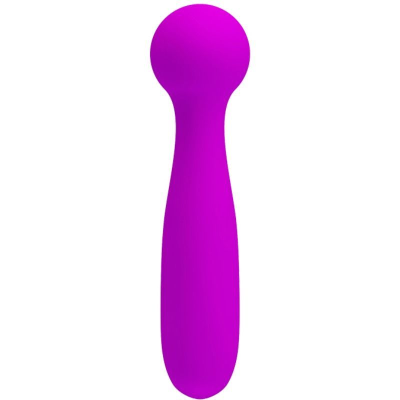 Lila Massager mit abgerundetem Kopf und Griff. Vertikale Ausrichtung.