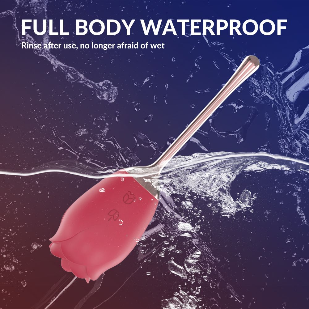 Roter Vibrator in Rosenform mit Stiel im Wasser. Text: FULL BODY WATERPROOF.