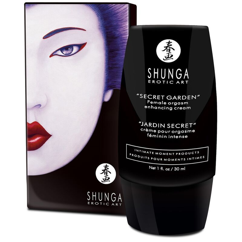 Schwarze Flasche mit Produkttext. Aufdruck: Shunga Erotic Art, Secret Garden, 1 fl. oz / 30 ml. Box mit Gesicht.