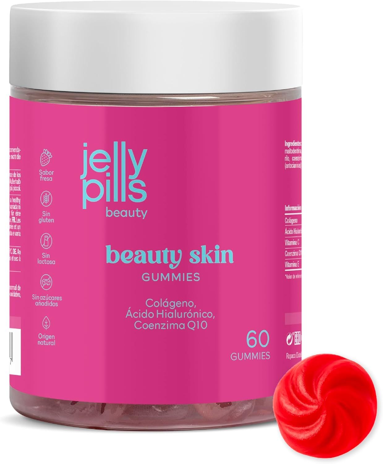 Rosa Dose mit "Jelly Pills beauty beauty skin GUMMIES". Enthält 60 Gummibärchen. Ein Gummibärchen liegt daneben.