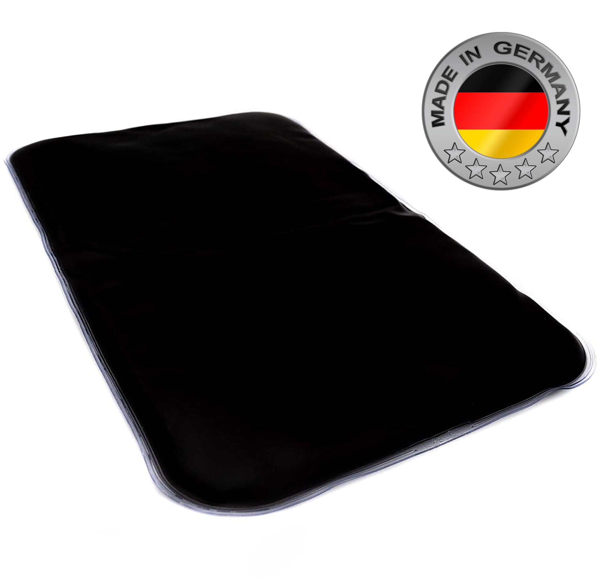 Zwart warmtekussen met vlieshoes. Made in Germany-zegel.