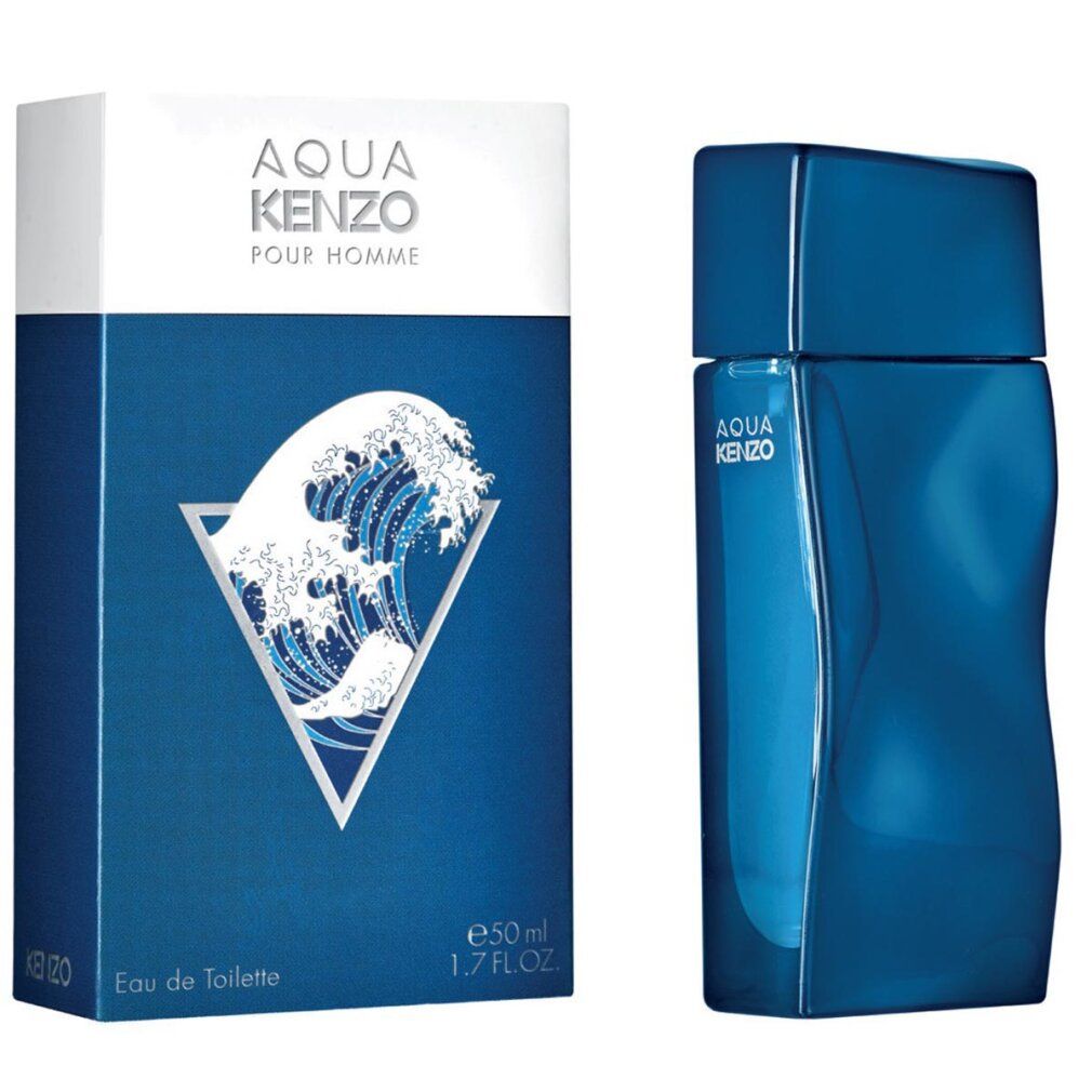 Blaues Parfümflakon und Verpackung. Verpackung mit AQUA KENZO und Wellenmotiv.