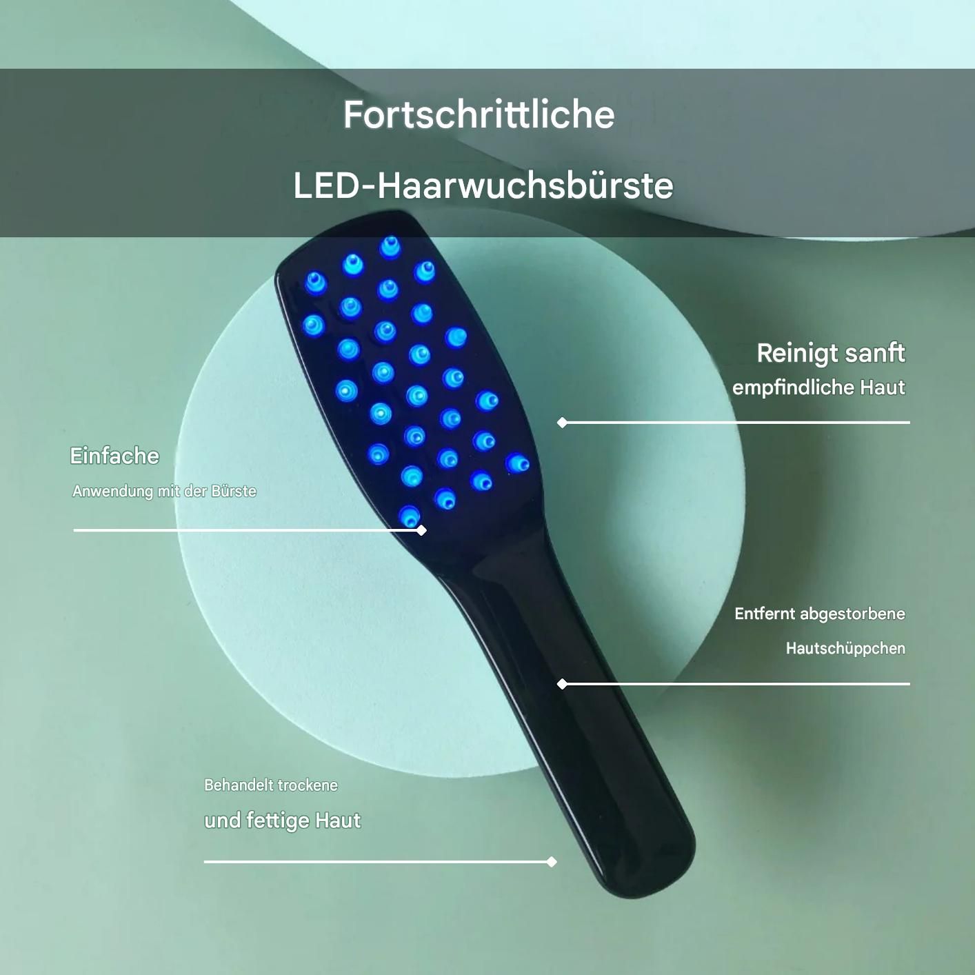 Schwarze Haarbürste mit blauen LEDs auf einem hellblauen Kreis. Text auf Deutsch beschreibt die Funktion.