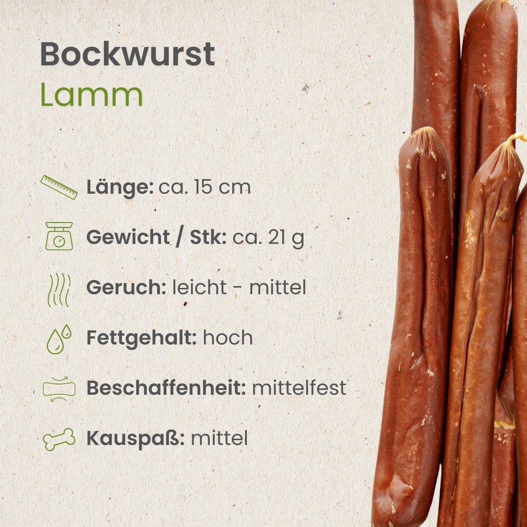 Hundefutter: Bockwurst Lamm, mit Informationen zu Länge, Gewicht und Inhaltsstoffen.