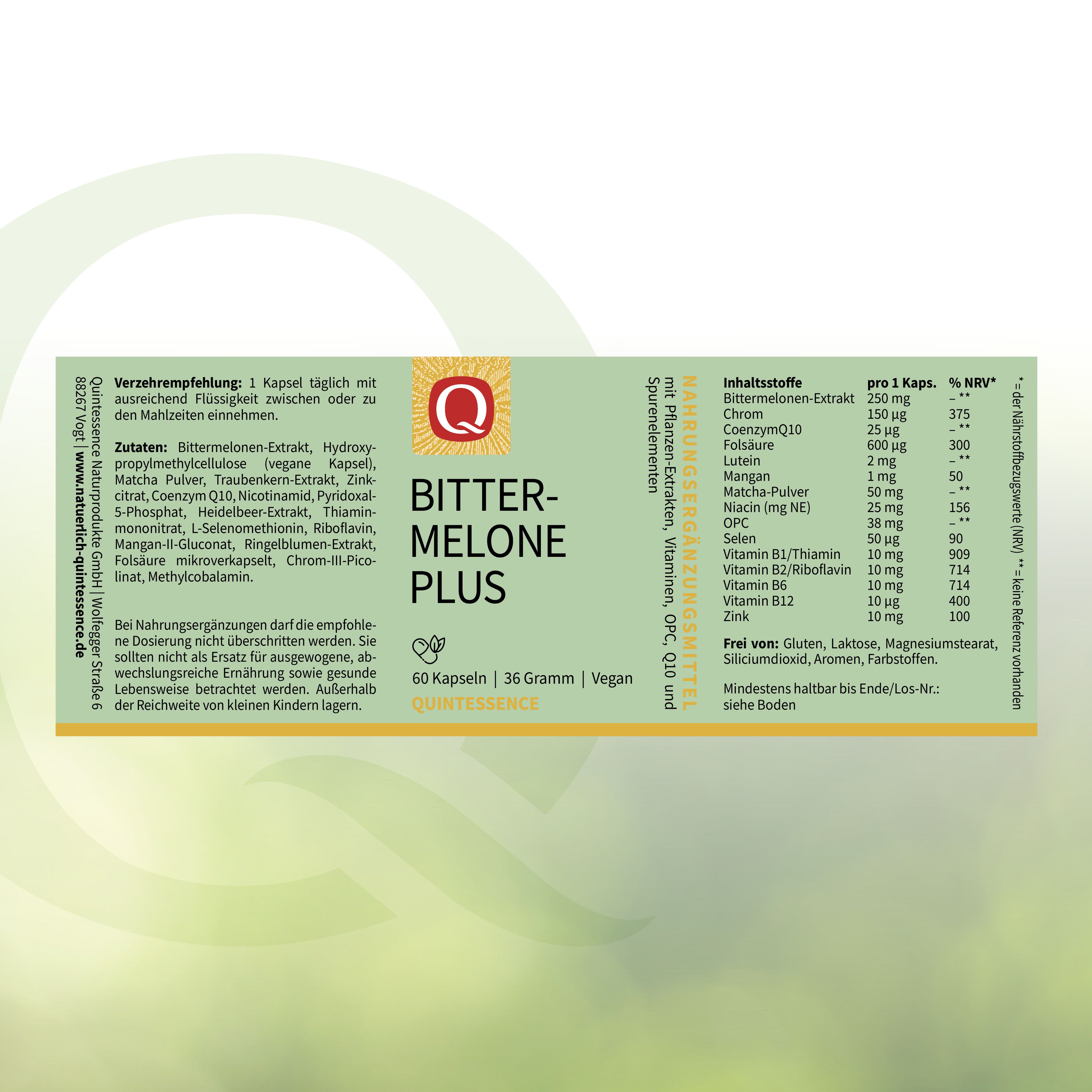 Verpackung von Bittermelone Plus. Enthält 60 Kapseln, 36 Gramm. Inhaltsstoffe und Nährwertangaben sind aufgedruckt.