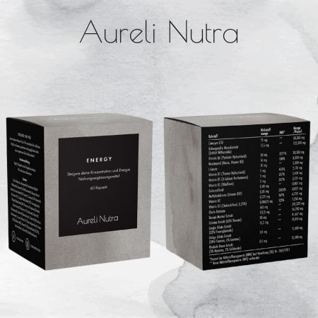 Graue Schachtel mit schwarzem Etikett "ENERGY" und "Aureli Nutra". Aufschrift: 60 Kapseln. Nährwerttabelle.