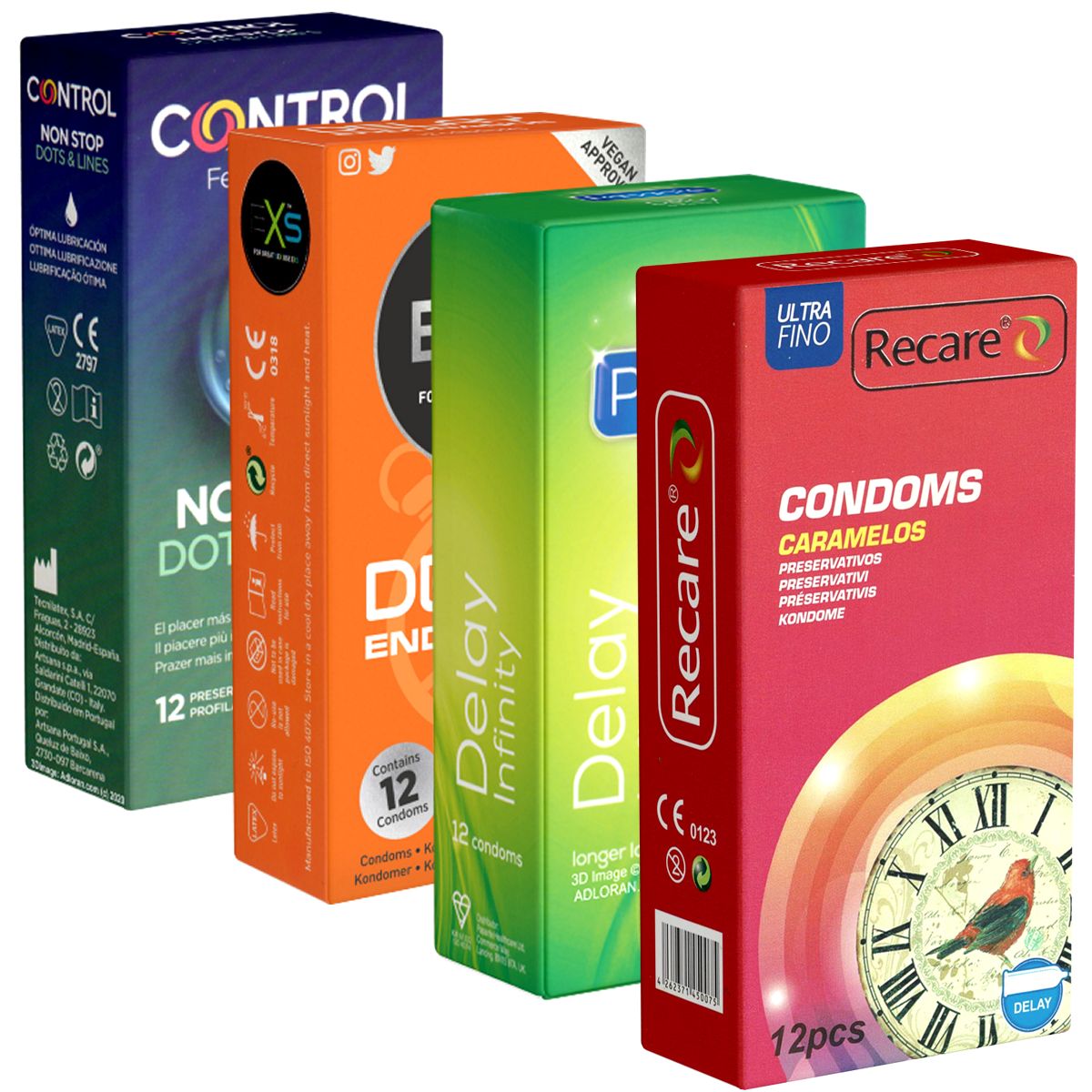 Vier Schachteln Kondome verschiedener Marken. Sichtbar sind: Control, Durex, Recare. Verpackungen in verschiedenen Farben.