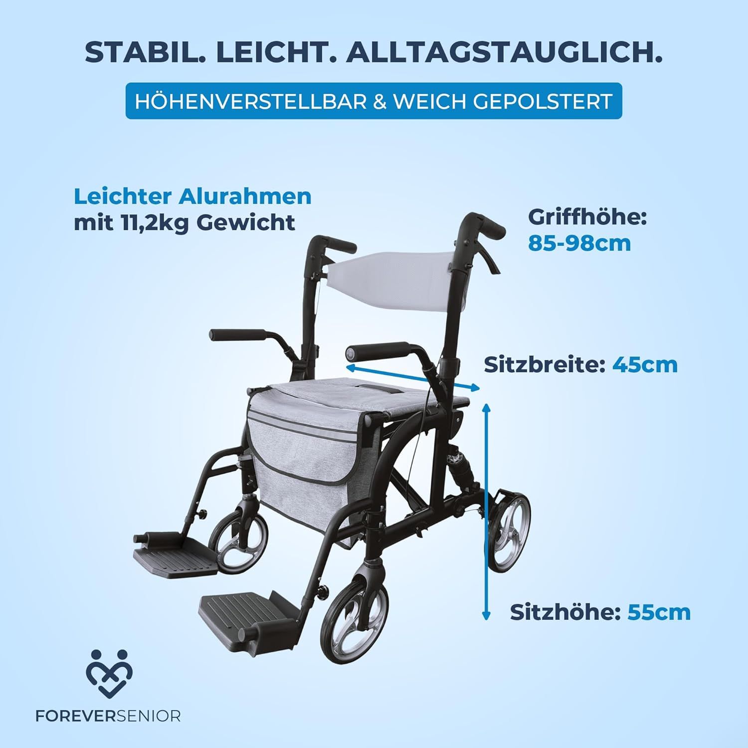 Rollator mit Sitz, Rückenlehne, Fußstützen und Tasche. Höhenverstellbar, Sitzbreite 45cm, Sitzhöhe 55cm. Text.