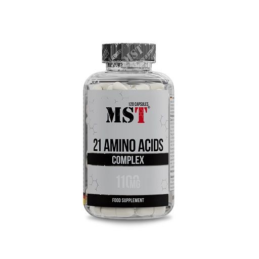 Klare Flasche mit weißen Kapseln. Aufkleber mit schwarzem Text: "MST 21 AMINO ACIDS COMPLEX". 120 Kapseln. "FOOD SUPPLEMENT".