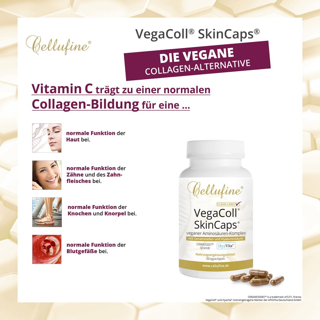 Produktflasche mit Kapseln und Text. Vitamin C trägt zur normalen Kollagen-Bildung bei. Abbildungen von Haut, Zähnen, Knochen, Blutgefäßen.
