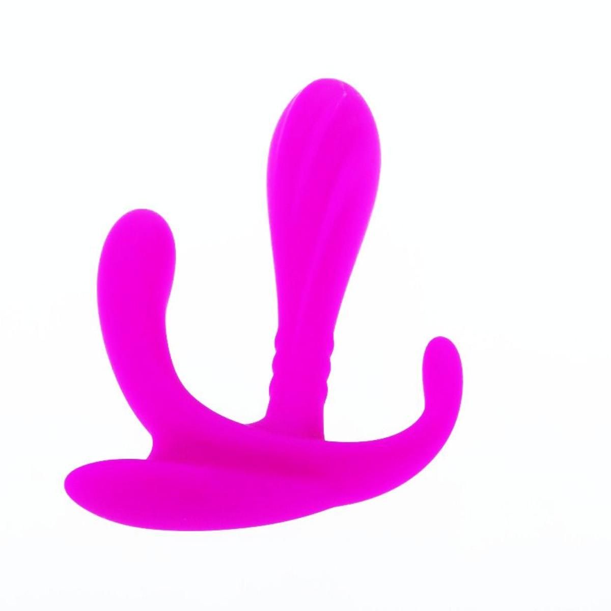 Lila Vibrator mit drei Stimulationselementen. Ein länglicher Schaft mit geriffelter Oberfläche und zwei gebogenen Armen.