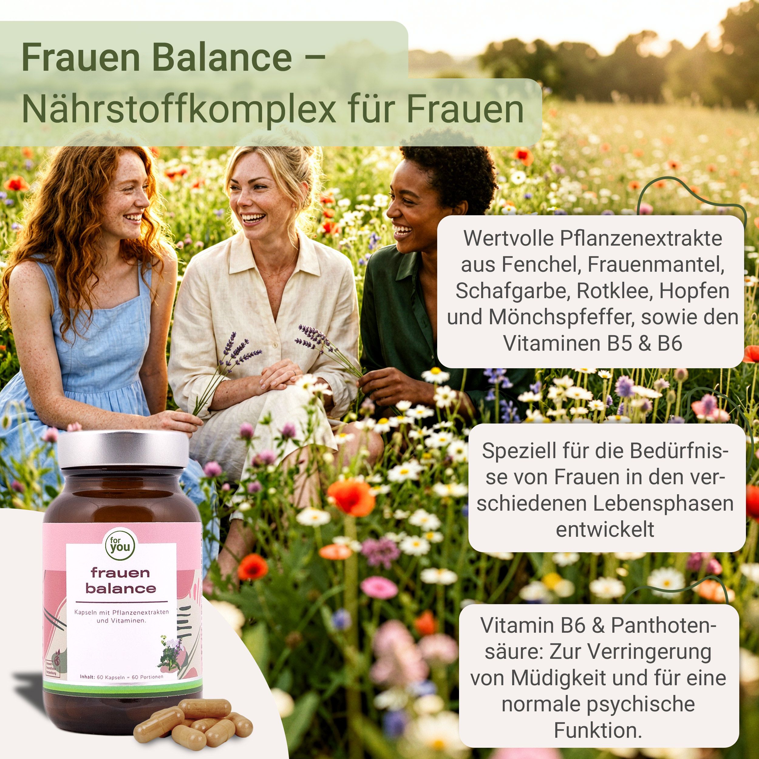 Frauen Balance Nährstoffkomplex für Frauen mit Pflanzenextrakten und Vitaminen. Braune Glasflasche mit Kapseln.