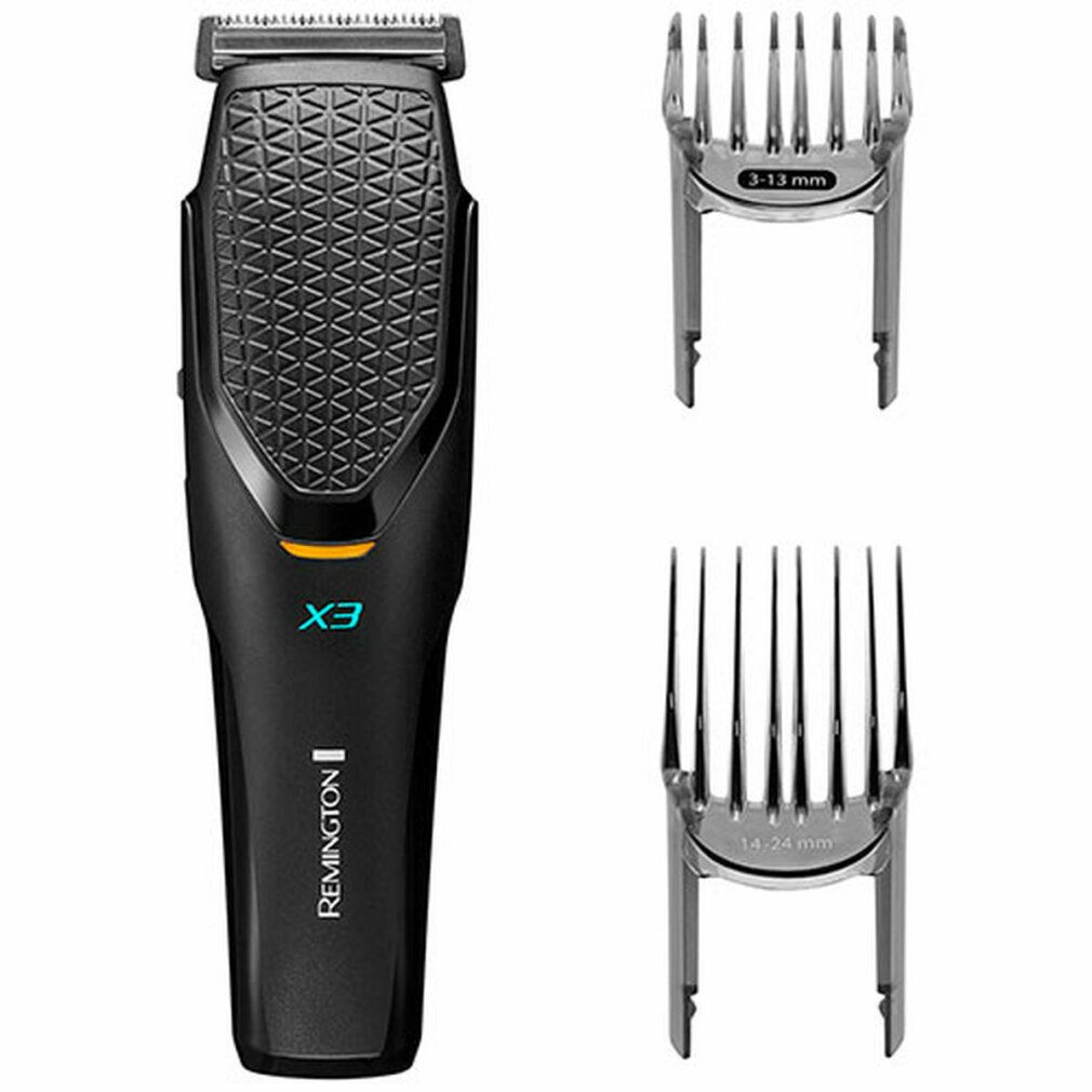 Schwarzer Haarschneider mit X3-Logo und Remington-Schriftzug. Zwei Aufsätze liegen daneben.