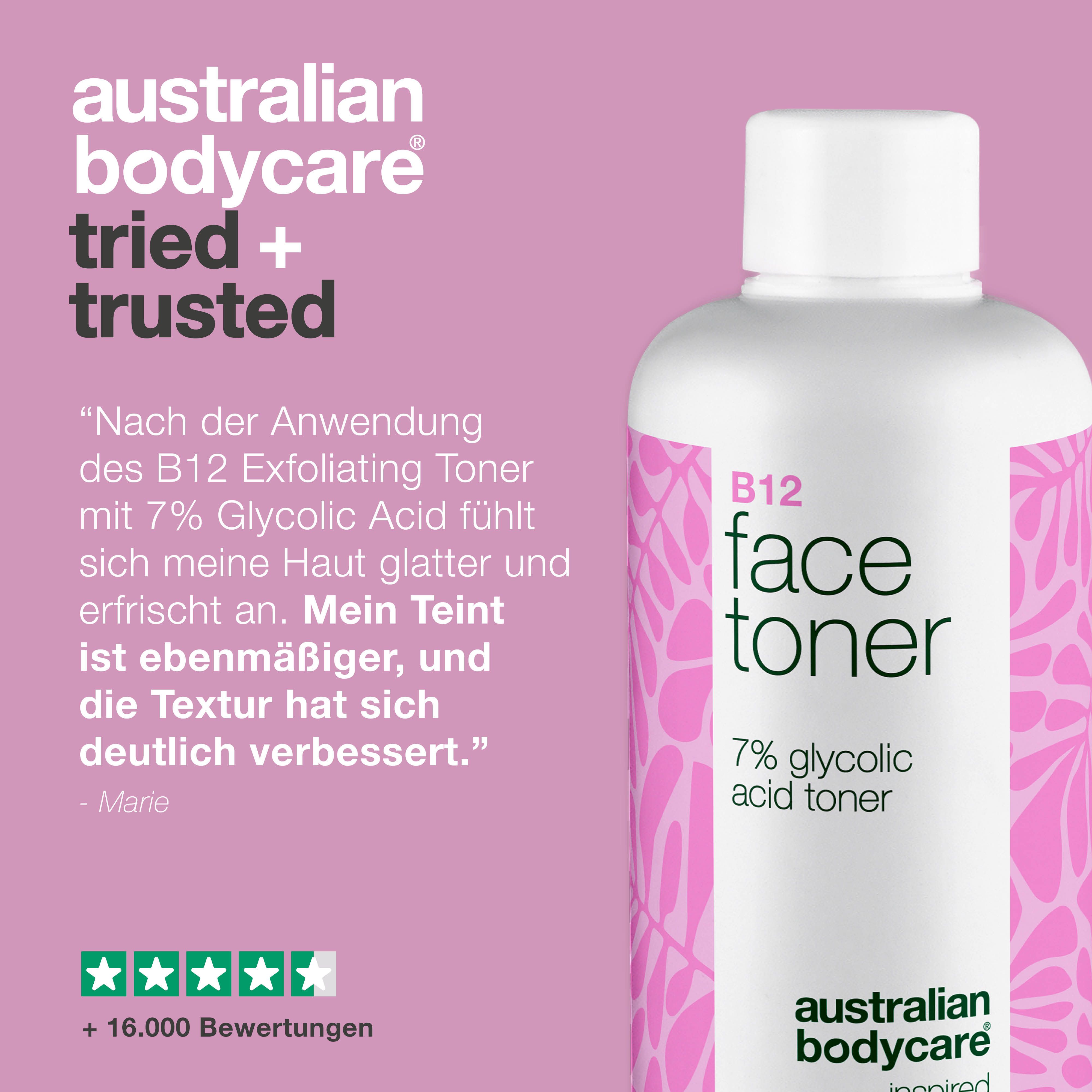 Produktabbildung mit Text. B12 Face Toner. Text: Erfahrungsbericht, 5 Sterne Bewertung, +16.000 Bewertungen.