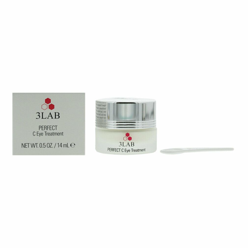 Cremebehälter mit silbernem Deckel, daneben eine Schachtel und ein Spatel. Auf dem Behälter und der Schachtel steht "3LAB PERFECT C Eye Treatment".