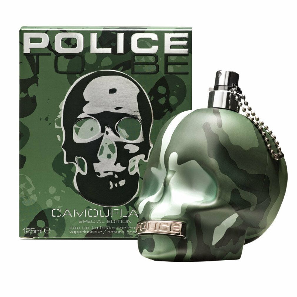 Parfümflakon und Verpackung. Grün mit Camouflage-Muster. Marke: Police To Be Camouflage Special Edition.