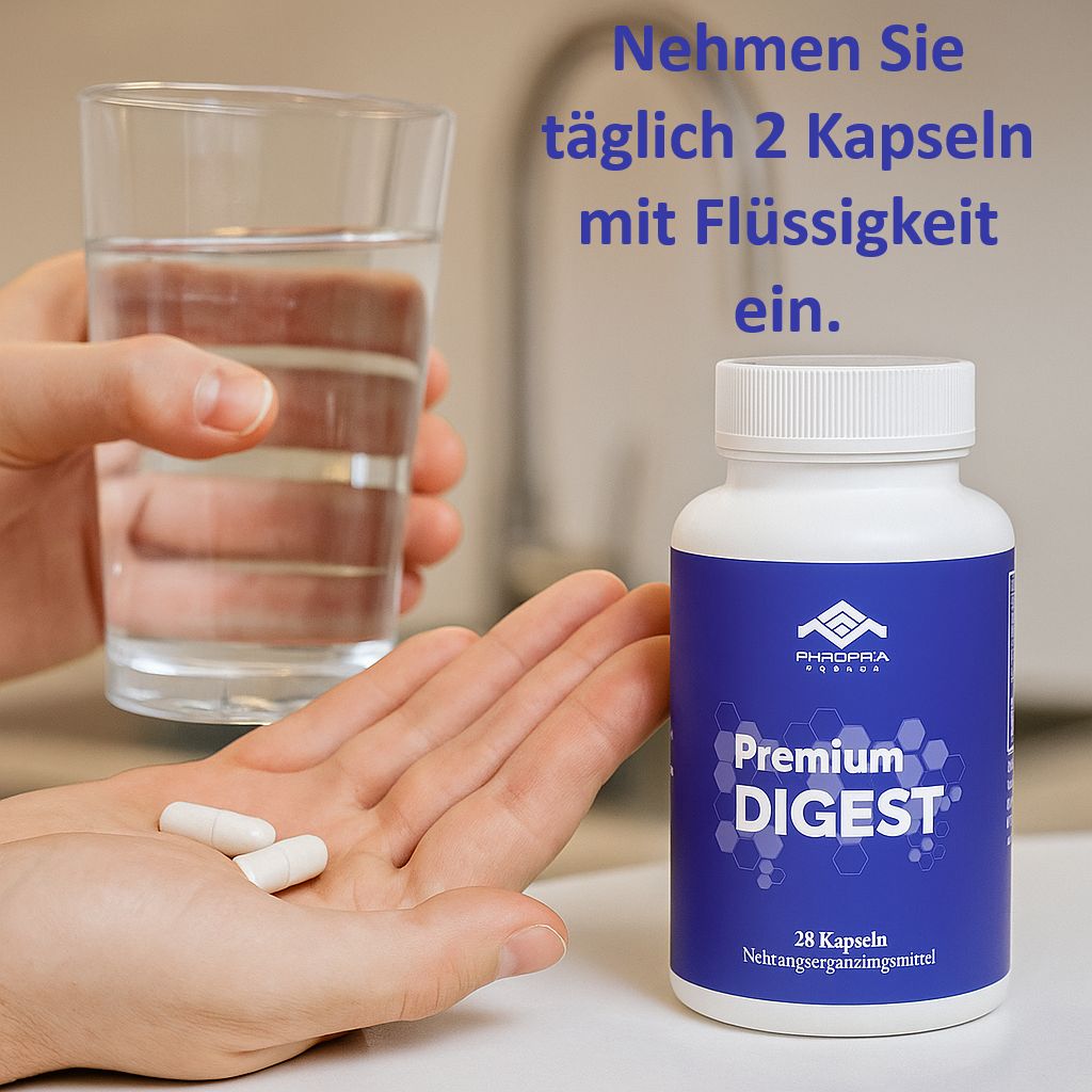 Hand hält Kapseln und Glas Wasser neben Flasche. Aufschrift: Pharma Health, Premium DIGEST, 28 Kapseln. Text: Nehmen Sie täglich 2 Kapseln.