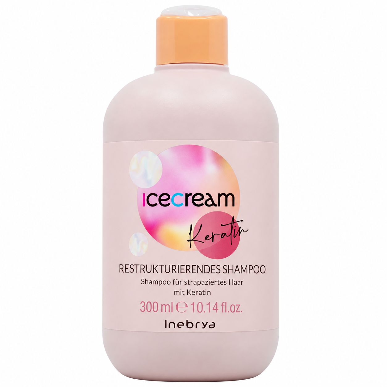 Inebrya Icecream Keratin restrukturierendes Shampoo, 300ml, in rosa Flasche mit orangefarbenem Verschluss.