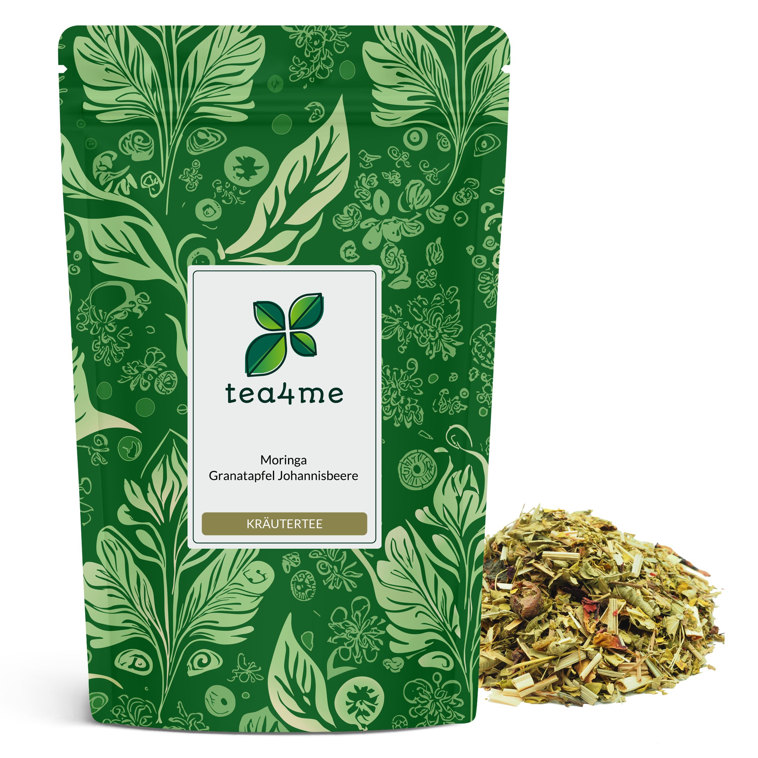 Grüner Beutel mit floralem Muster. Aufschrift tea4me Moringa Granatapfel Johannisbeere Kräutertee. Haufen loser Kräuter daneben.