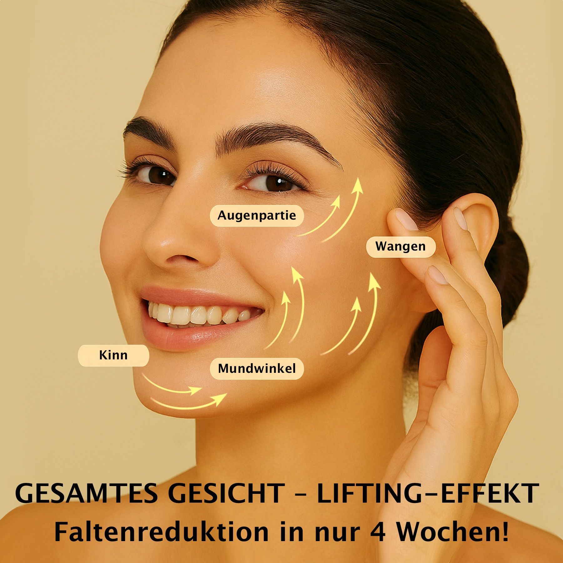 Frau mit Gesicht, Pfeile zeigen auf Gesichtspartien. Text: Gesamtes Gesicht - Lifting-Effekt in nur 4 Wochen!