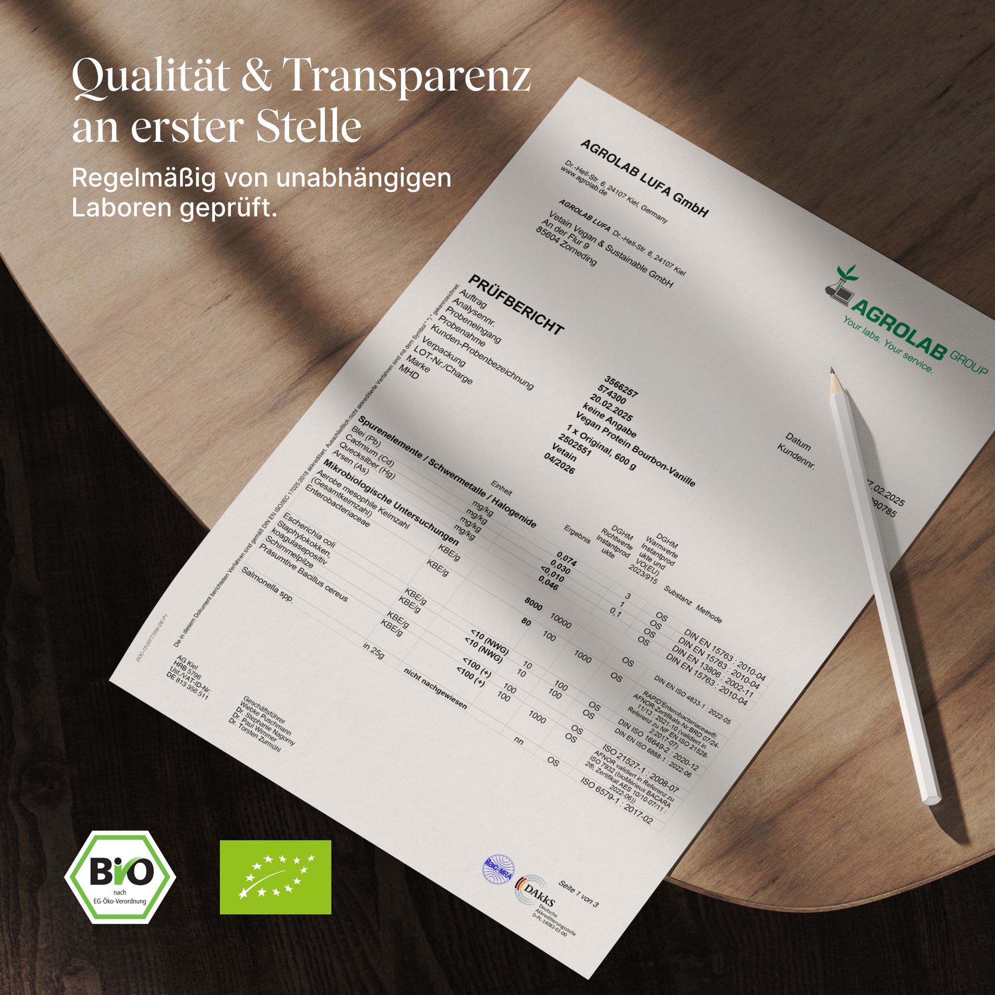 Prüfbericht von Agrolab LUFA GmbH. Logo: Bio. Text: Qualität & Transparenz. Geprüft von unabhängigen Laboren.