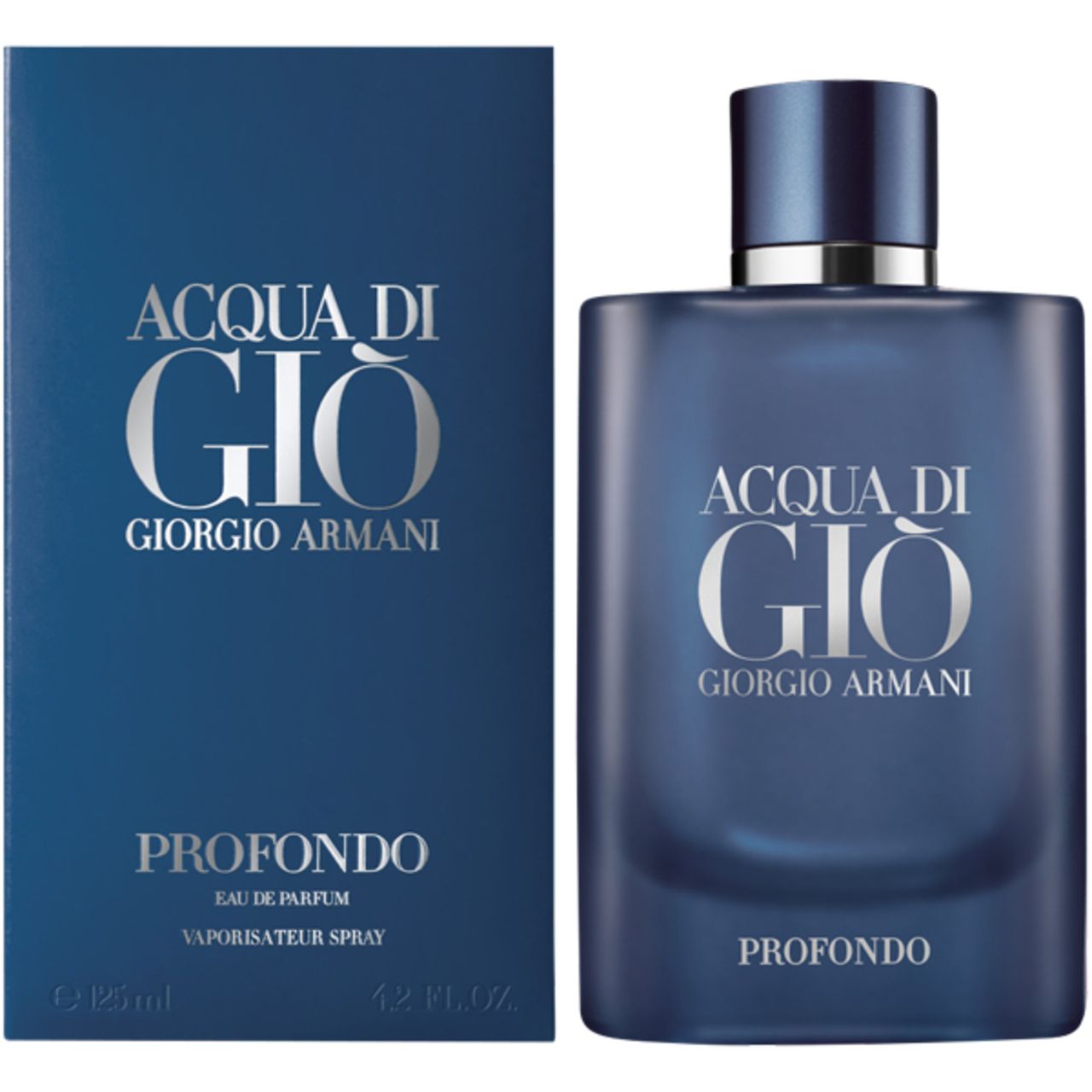 Blaues Parfümflakon und Schachtel. Aufschrift: Acqua di Giò Giorgio Armani Profondo. Flakon mit silberner Kappe.