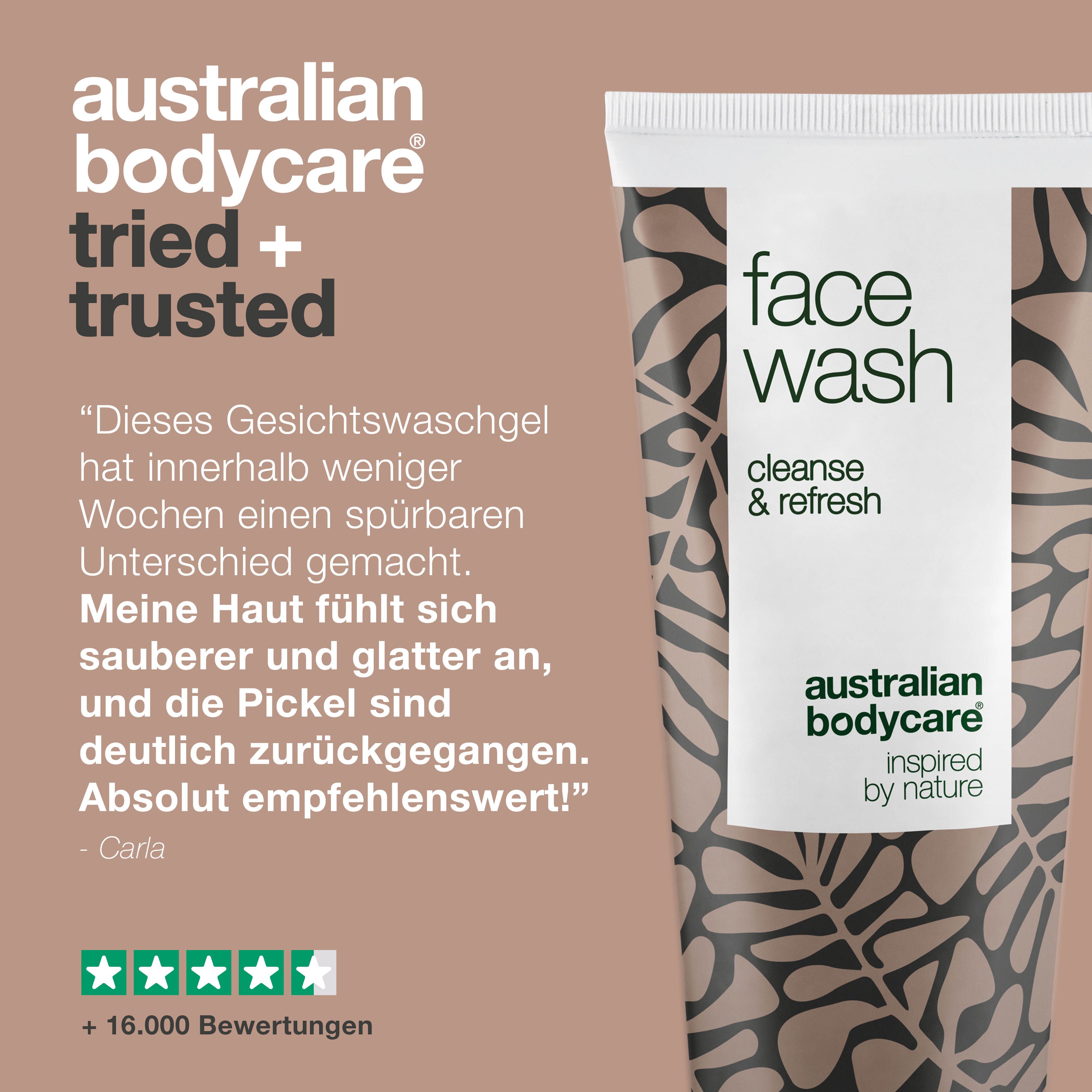 Gesichtswaschgel. Aufschrift: face wash, cleanse & refresh. Marke: Australian Bodycare.