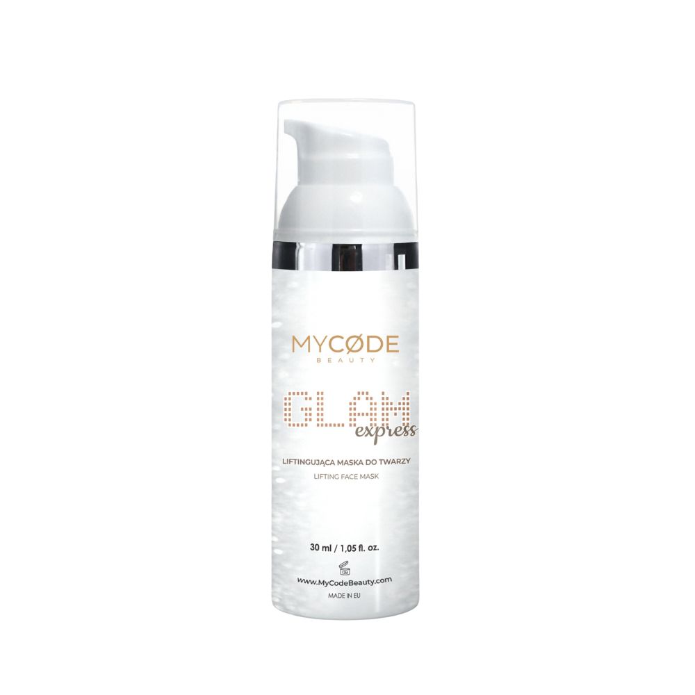Creme-Maske in weißer Flasche mit Pumpe. Schriftzug: MyCode Beauty GLAM express. Aufschrift: Lifting-Maske.