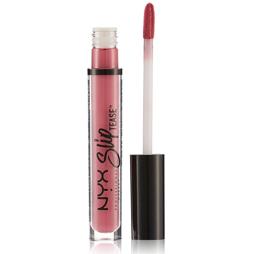 Nyx Slip Tease Lippenöl, rosa Farbton. Mit Applikator. Schwarzer Deckel, transparente Flasche.