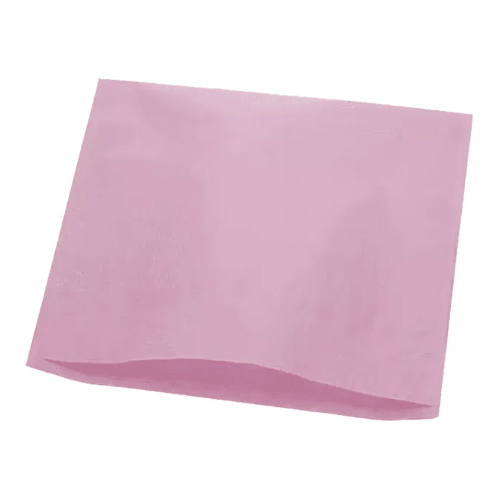 Rosa Kopfstützenschoner aus Tissue-Papier. Rechteckige Form mit abgerundeter Kante. Einzeln verpackt.